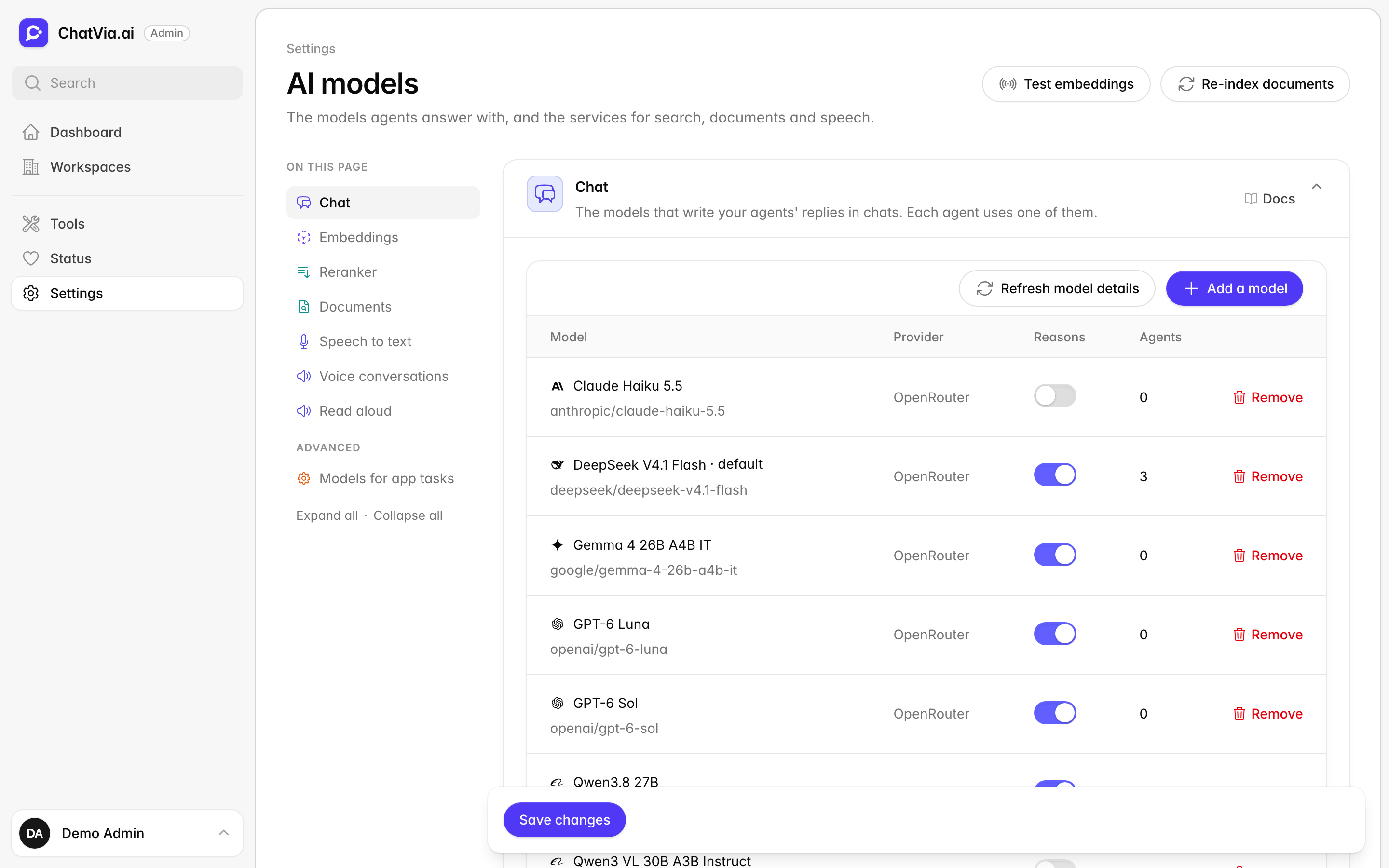 The AI models settings page
