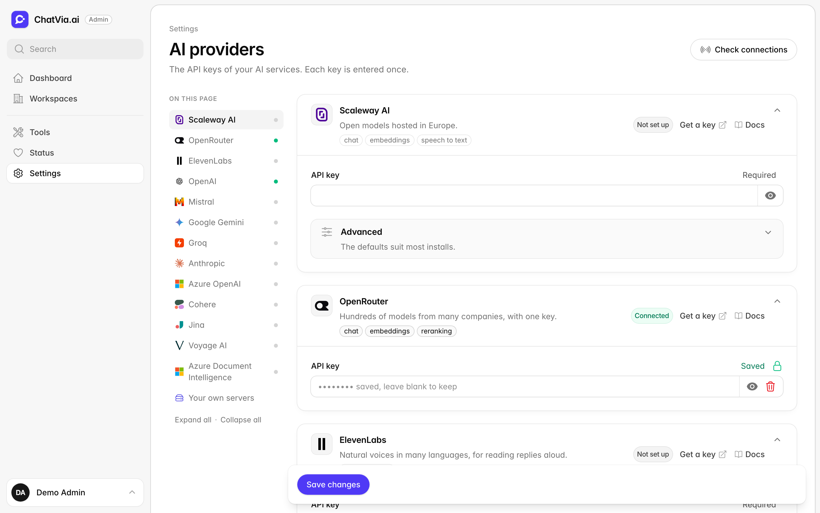 The AI providers settings page