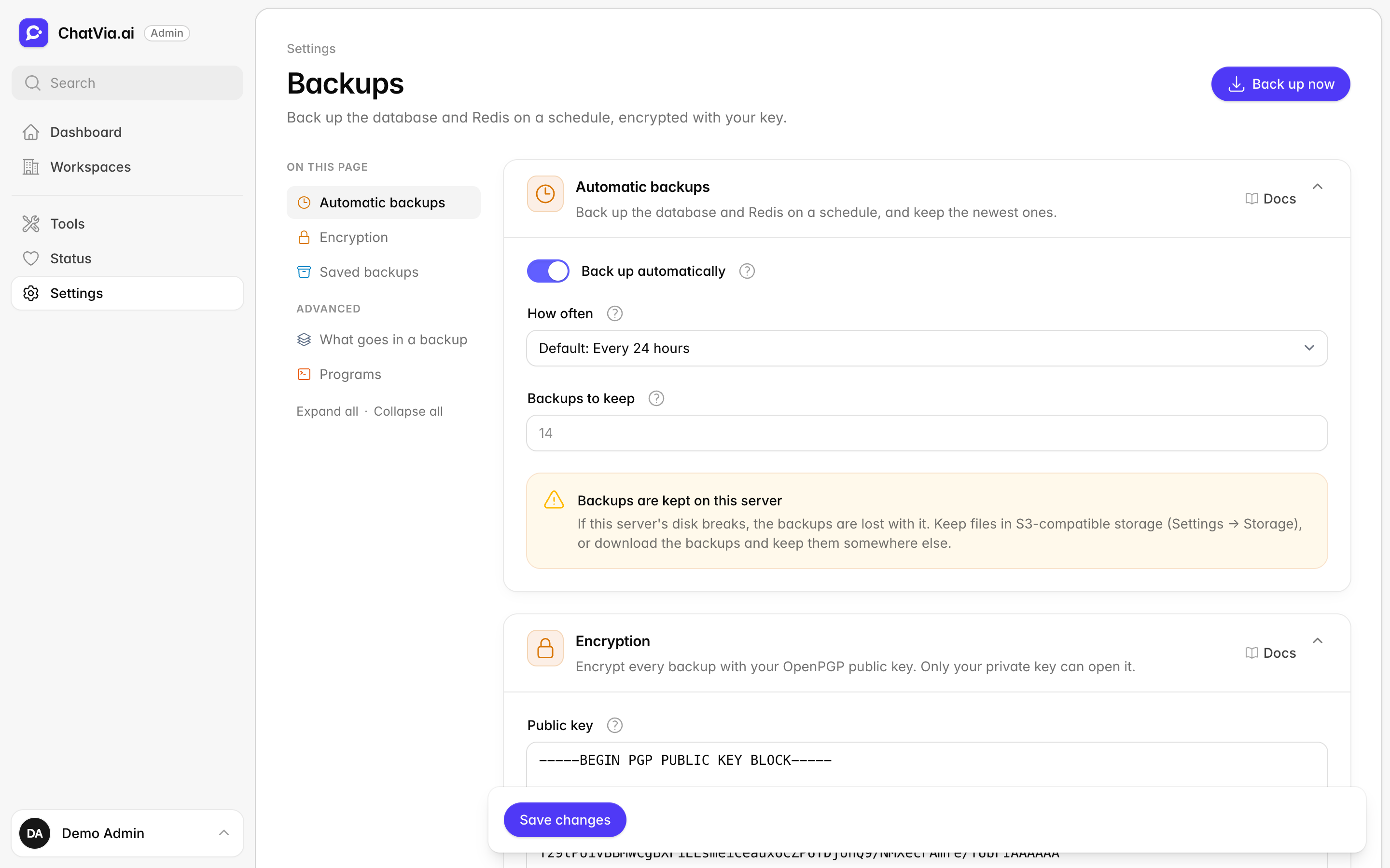The Backups settings page