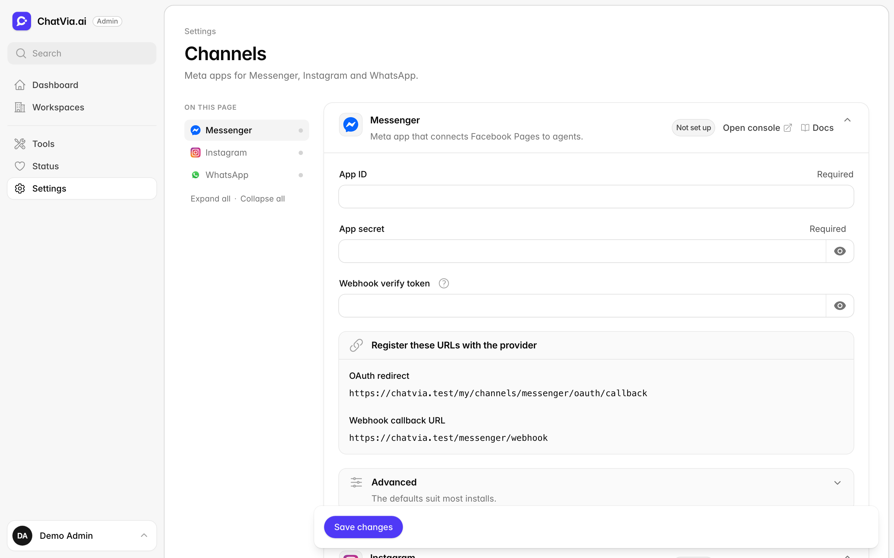 The Channels settings page