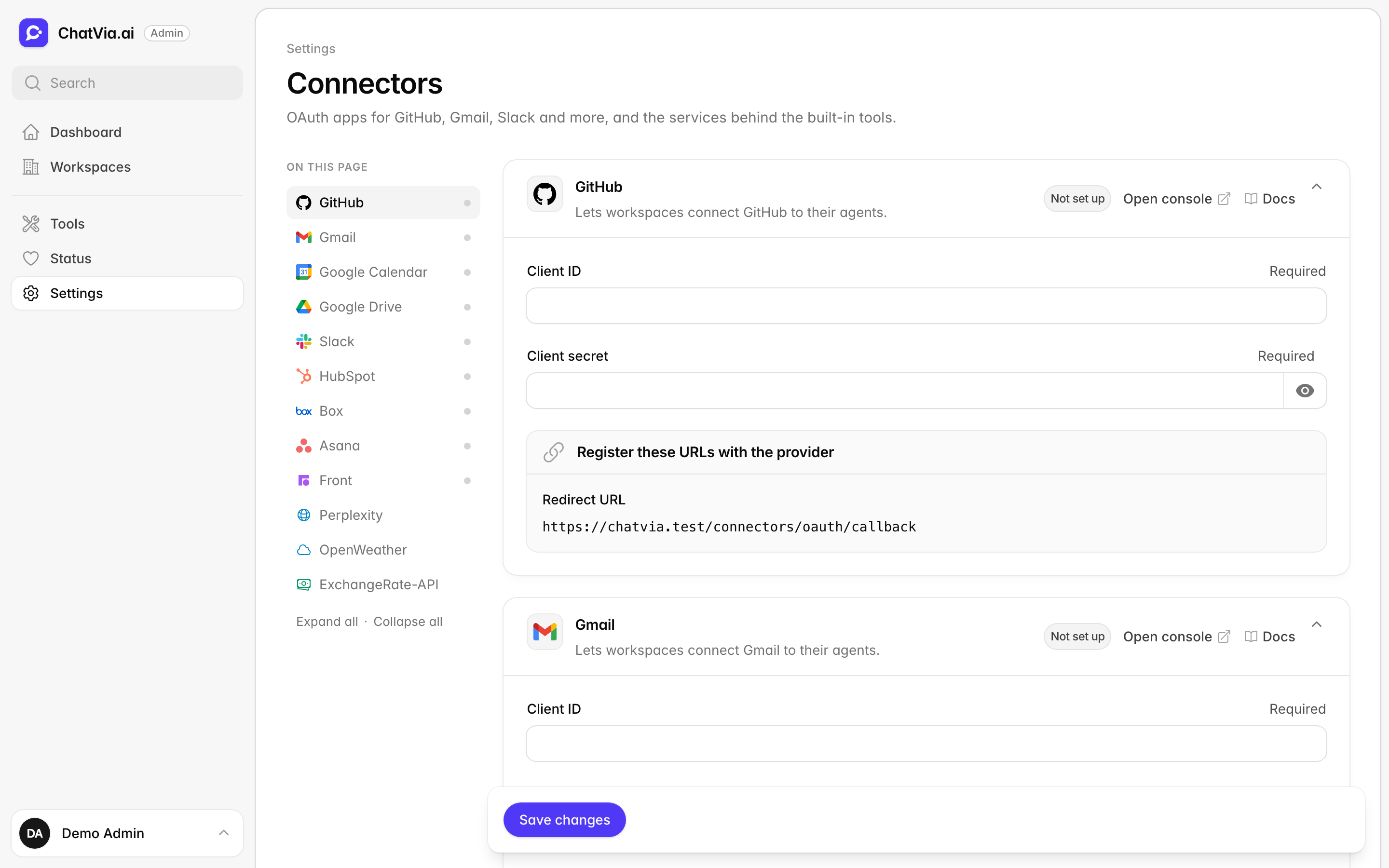 The Connectors settings page