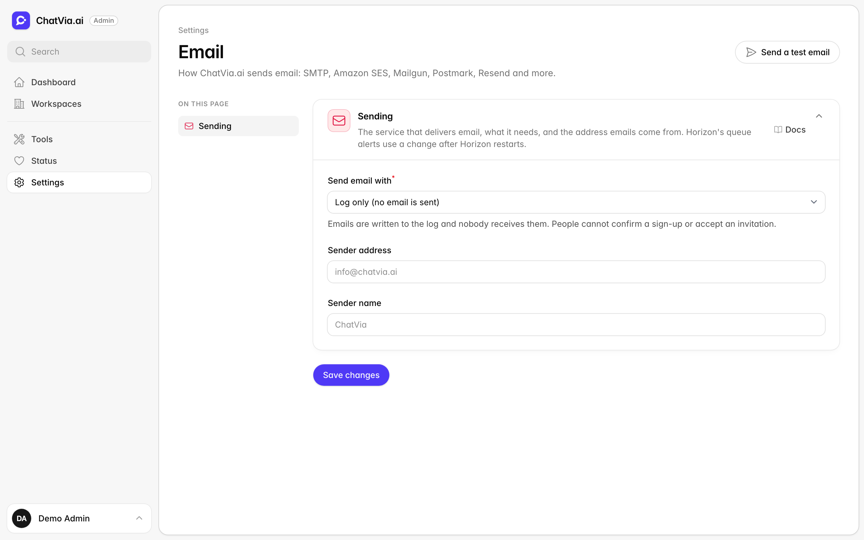 The Email settings page