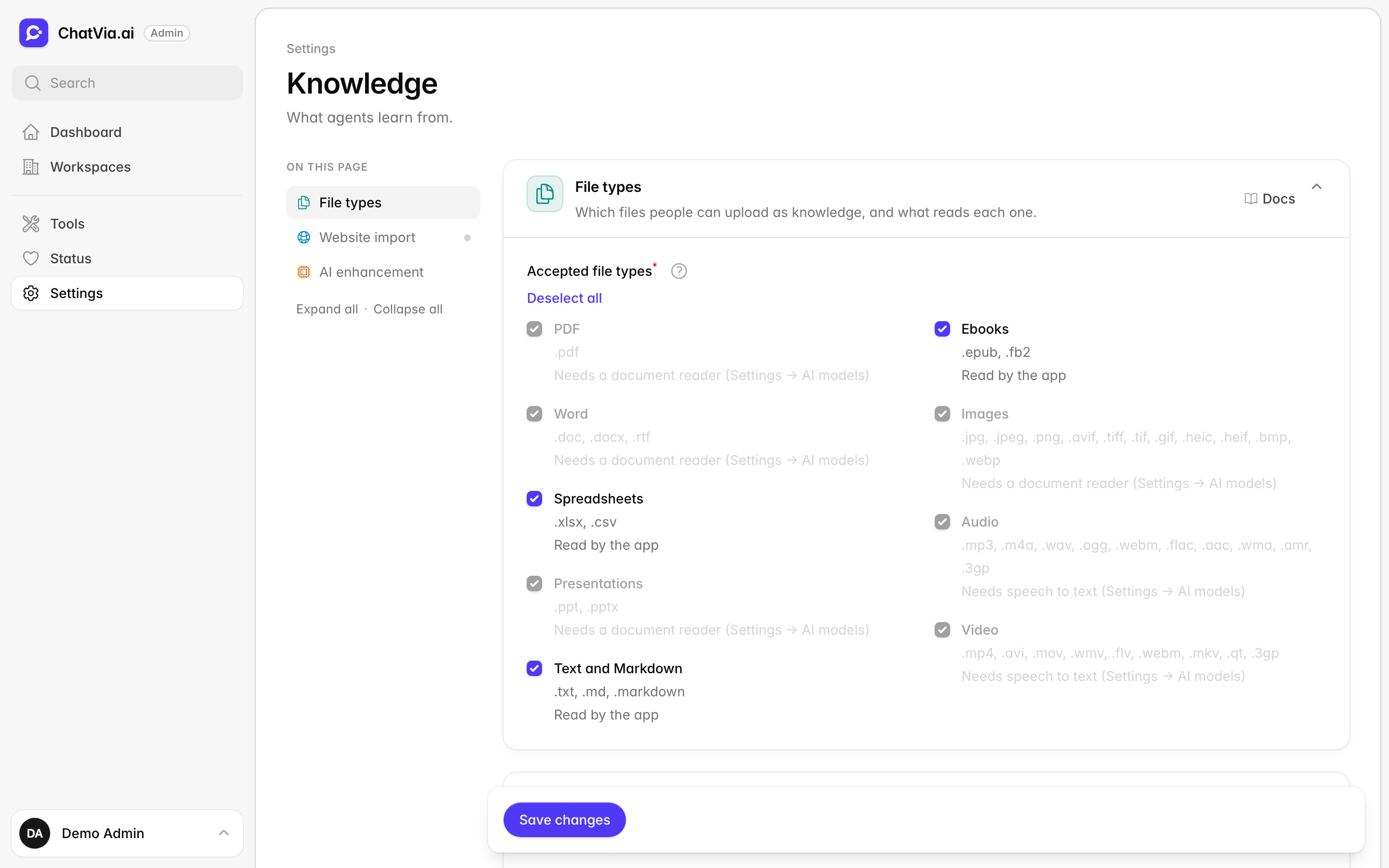 The Knowledge settings page
