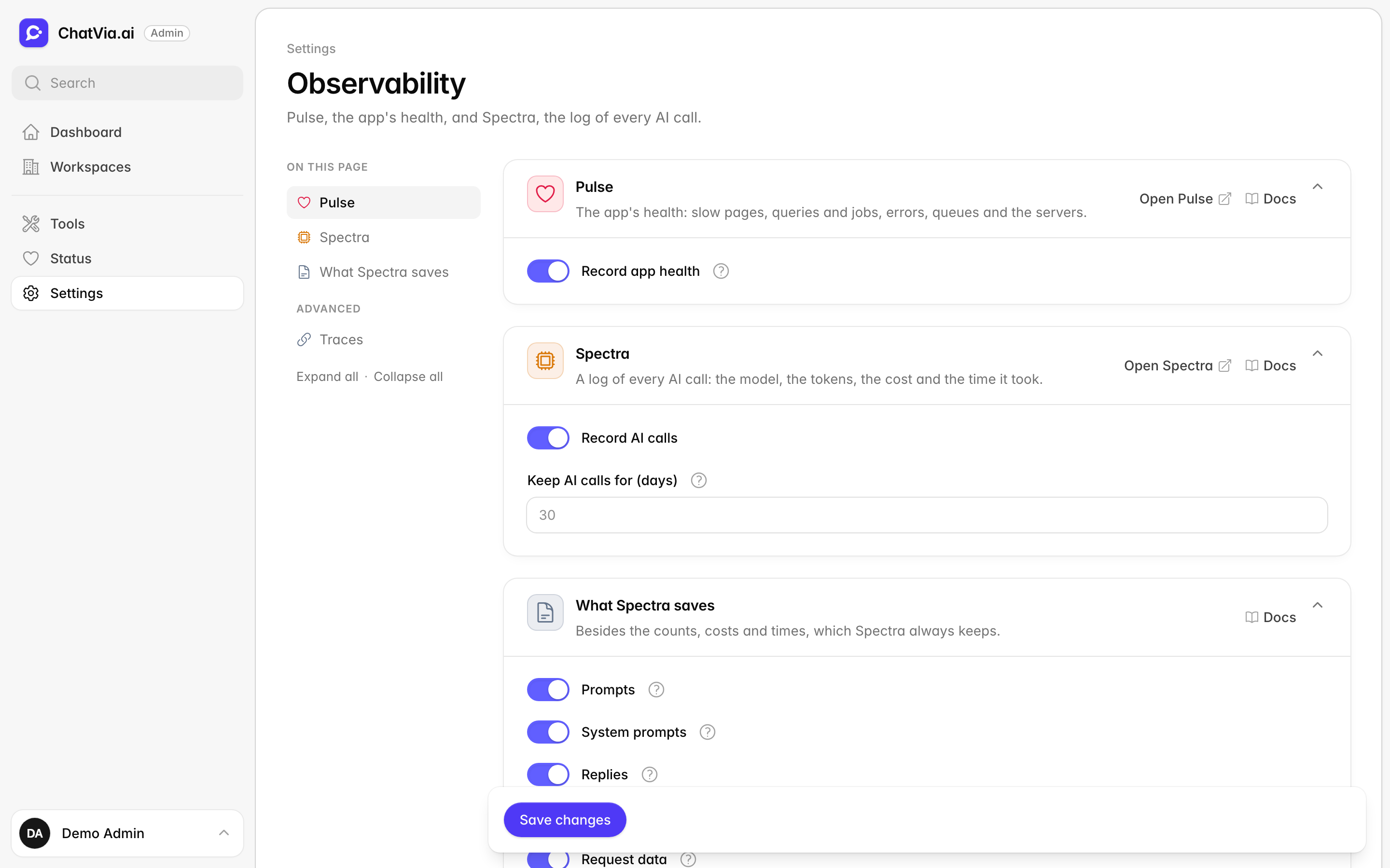 The Observability settings page