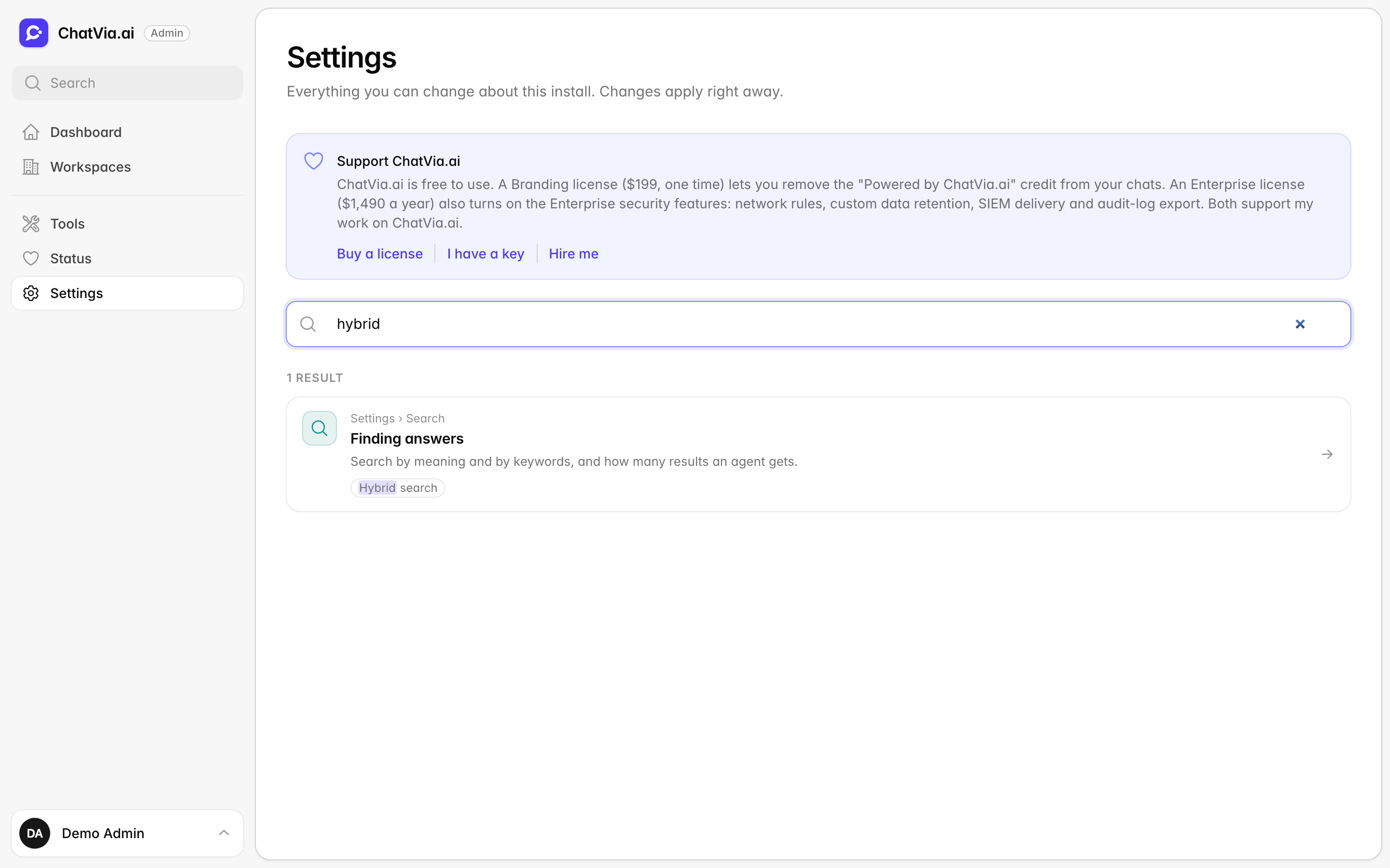 Searching the settings