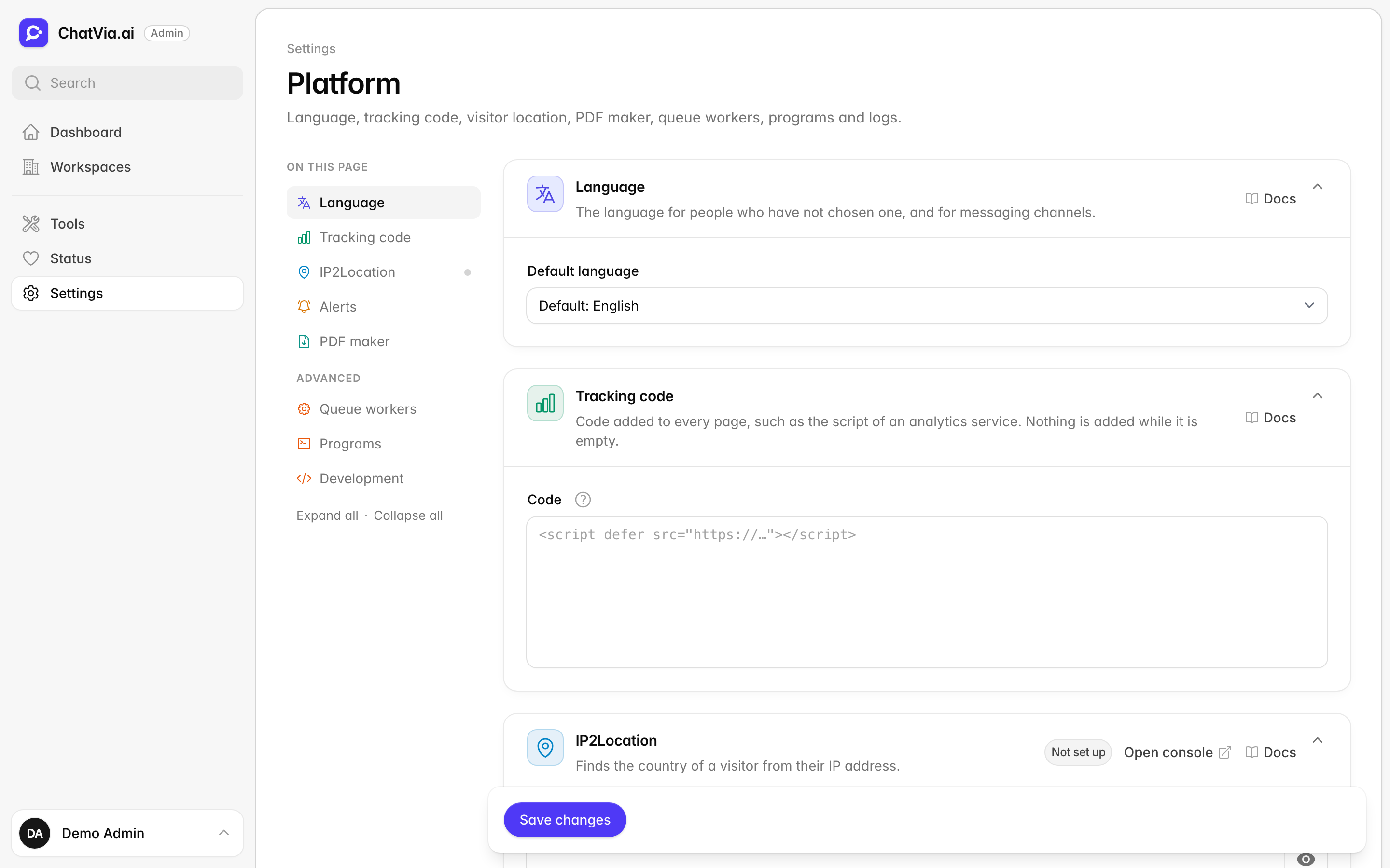 The Platform settings page