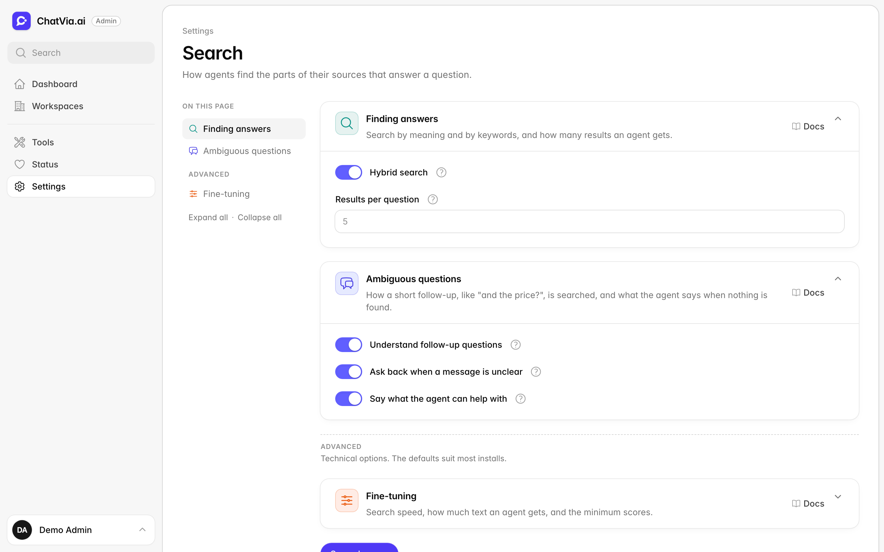 The Search settings page