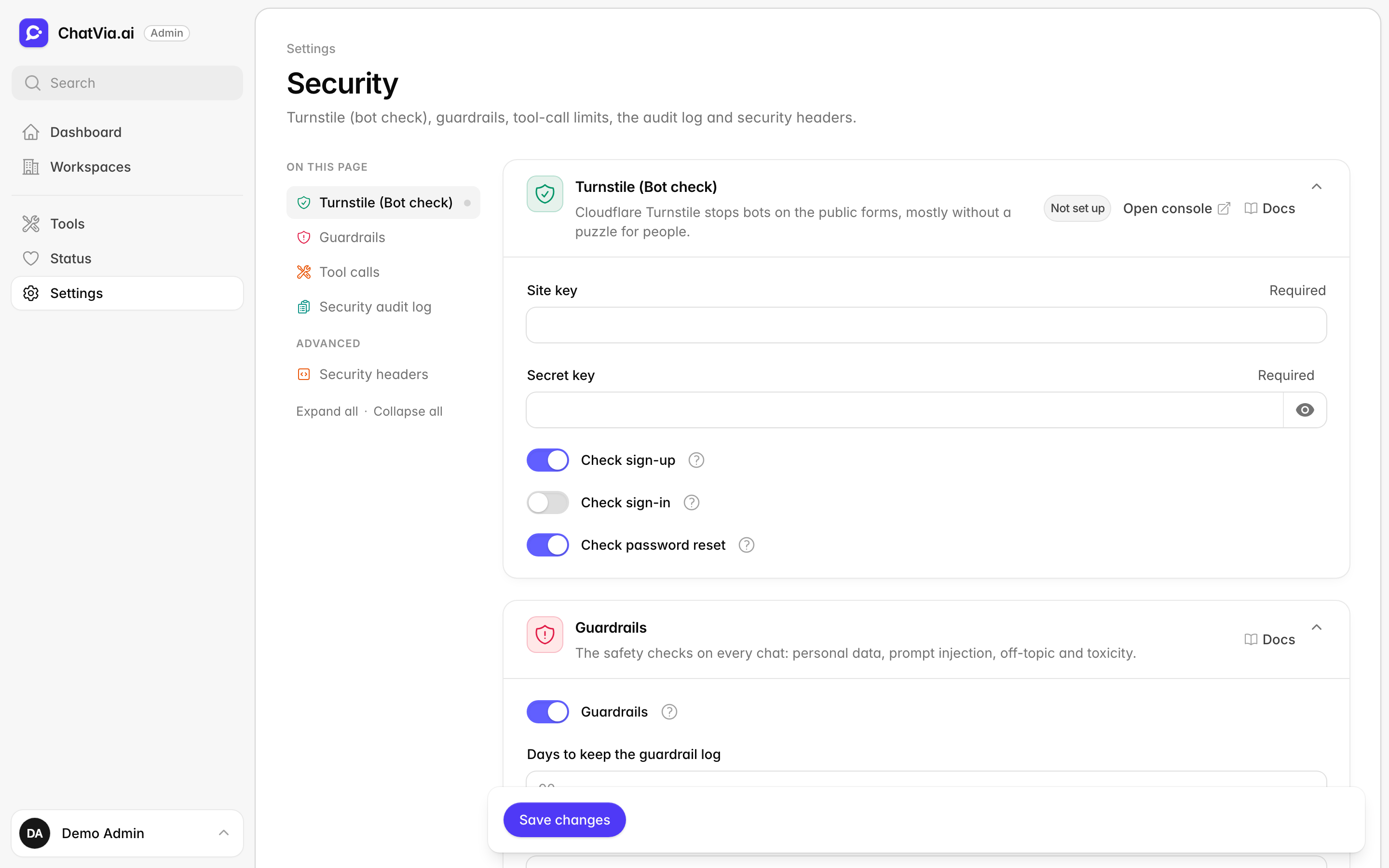 The Security settings page