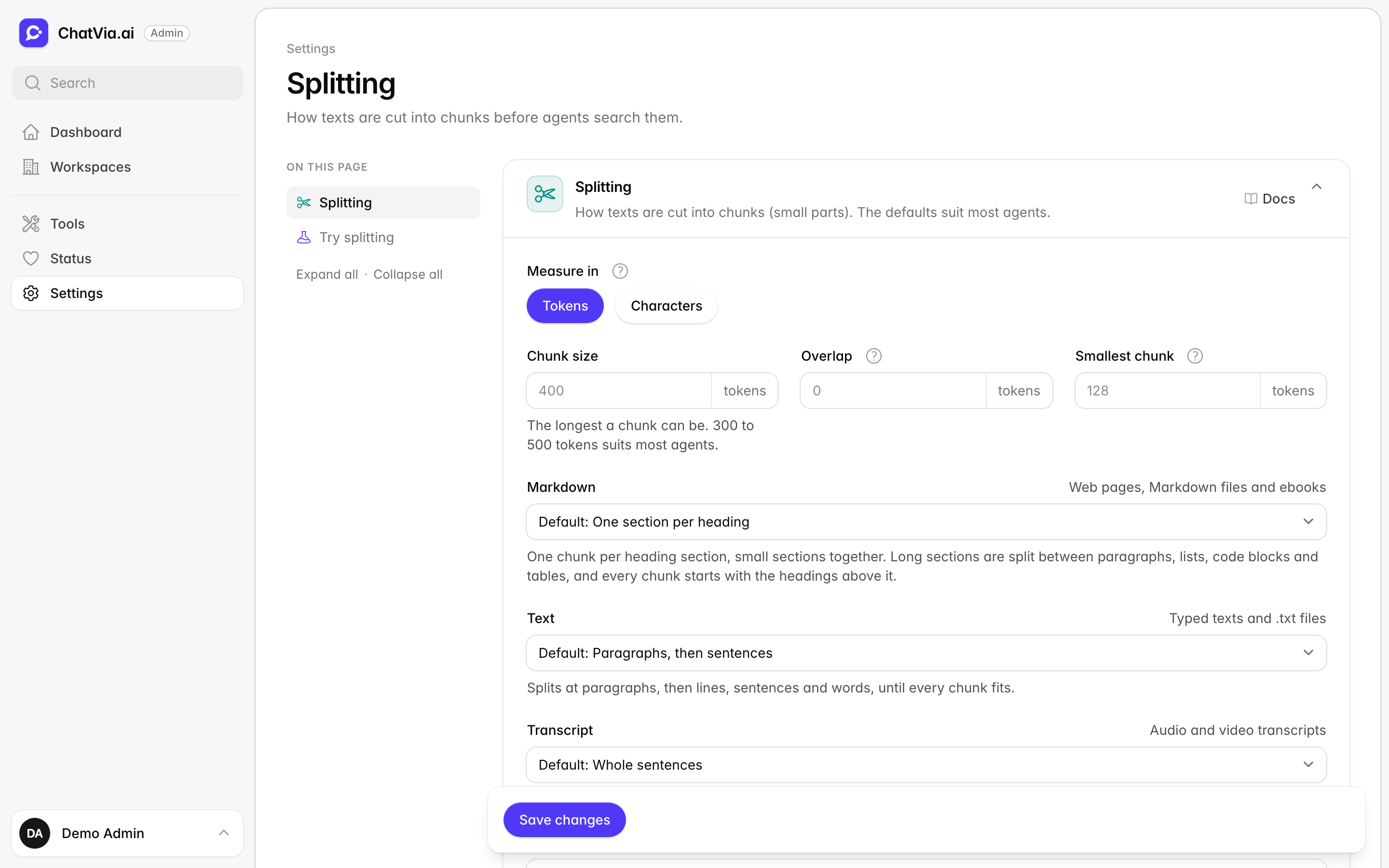 The Splitting settings page