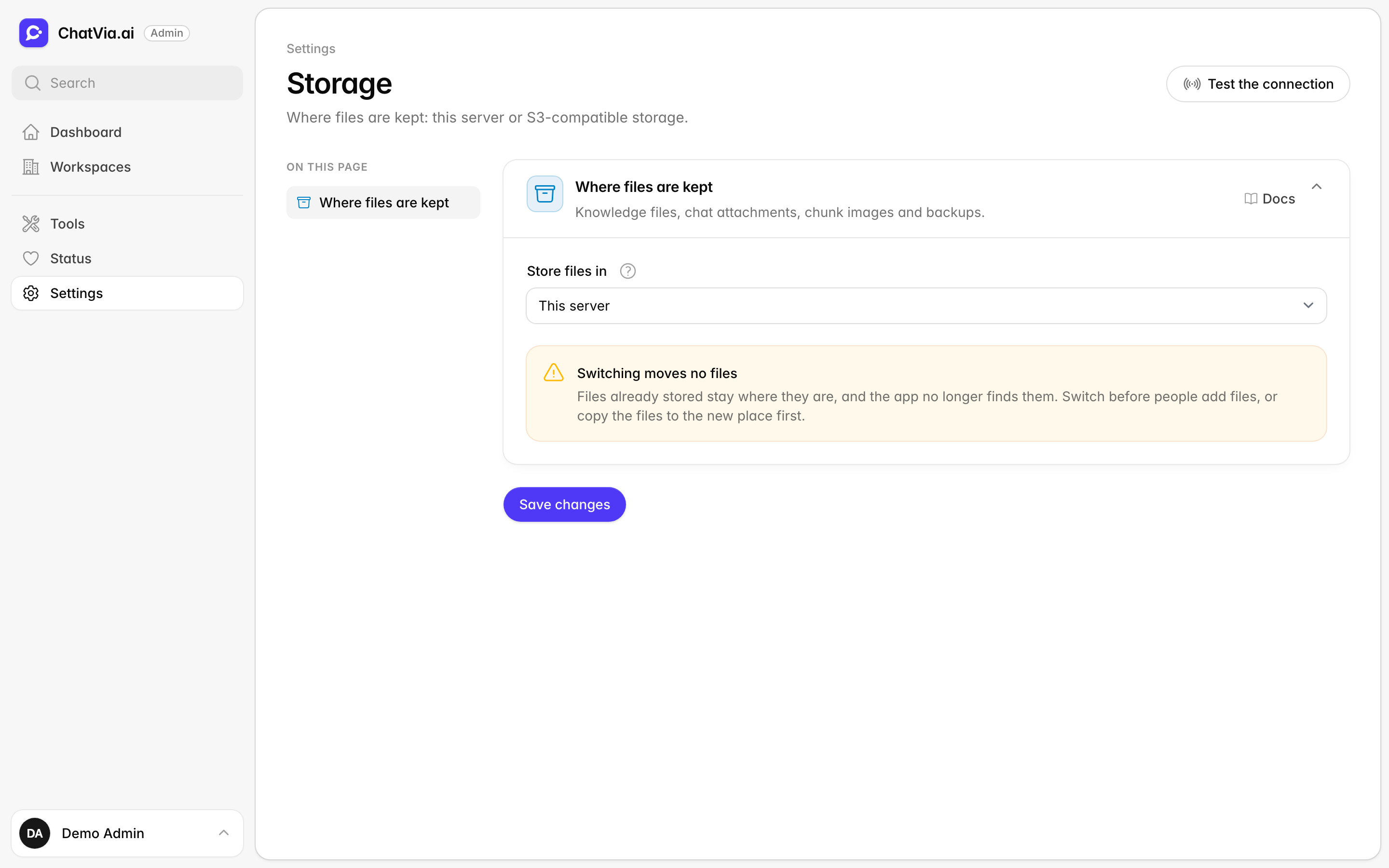 The Storage settings page