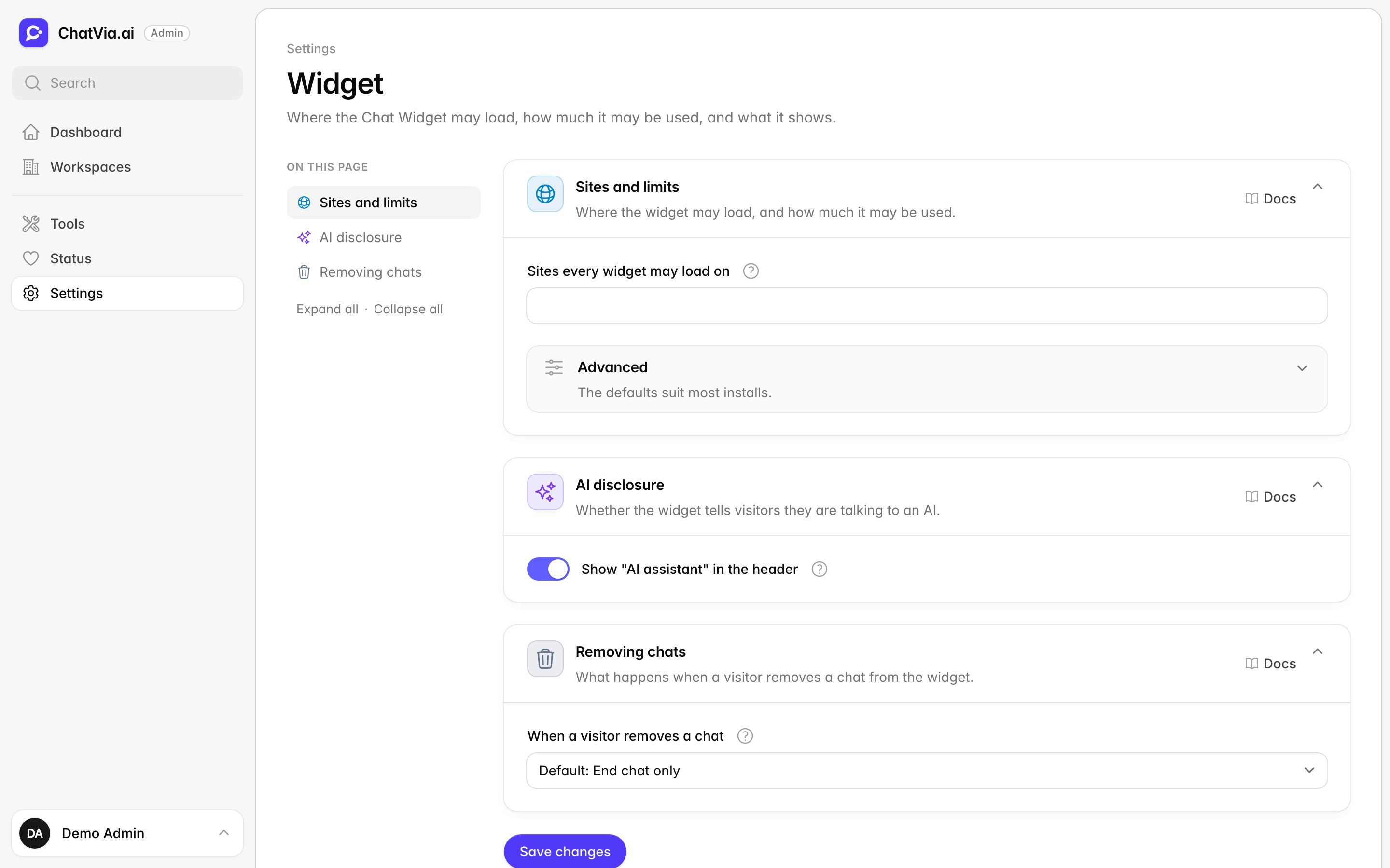 The Widget settings page