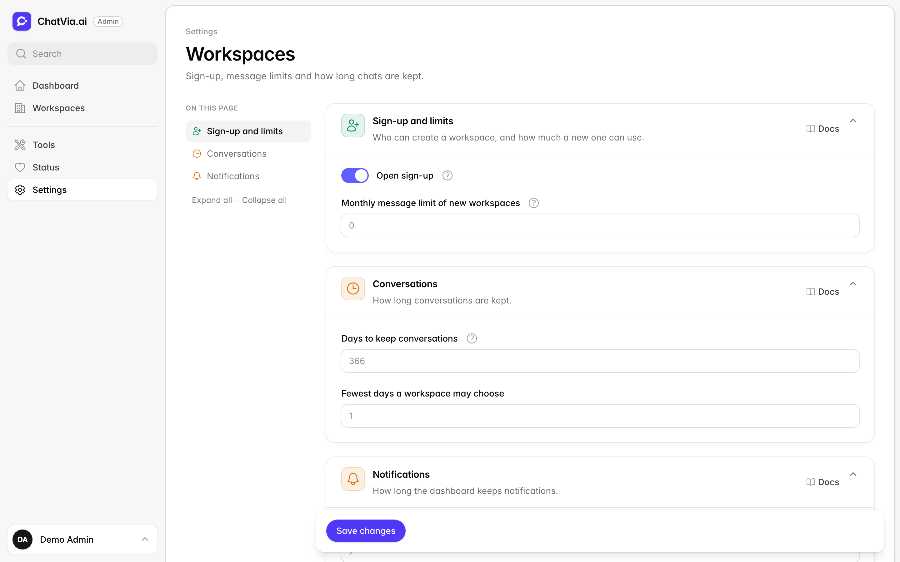 The Workspaces settings page