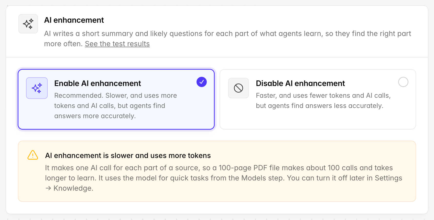 The AI enhancement choice, with Enable AI enhancement picked