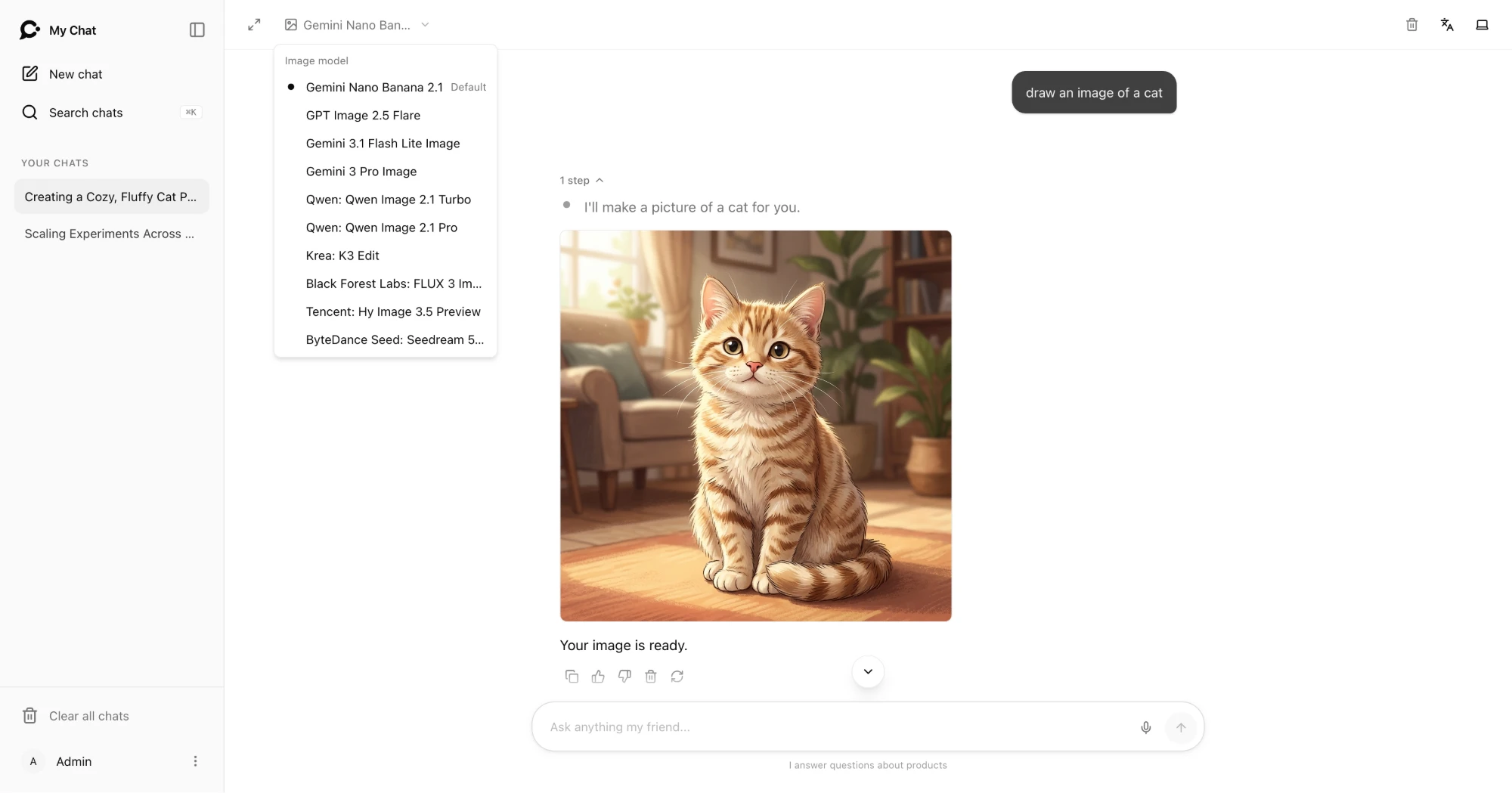 The Image model menu in the hosted chat, above a generated image