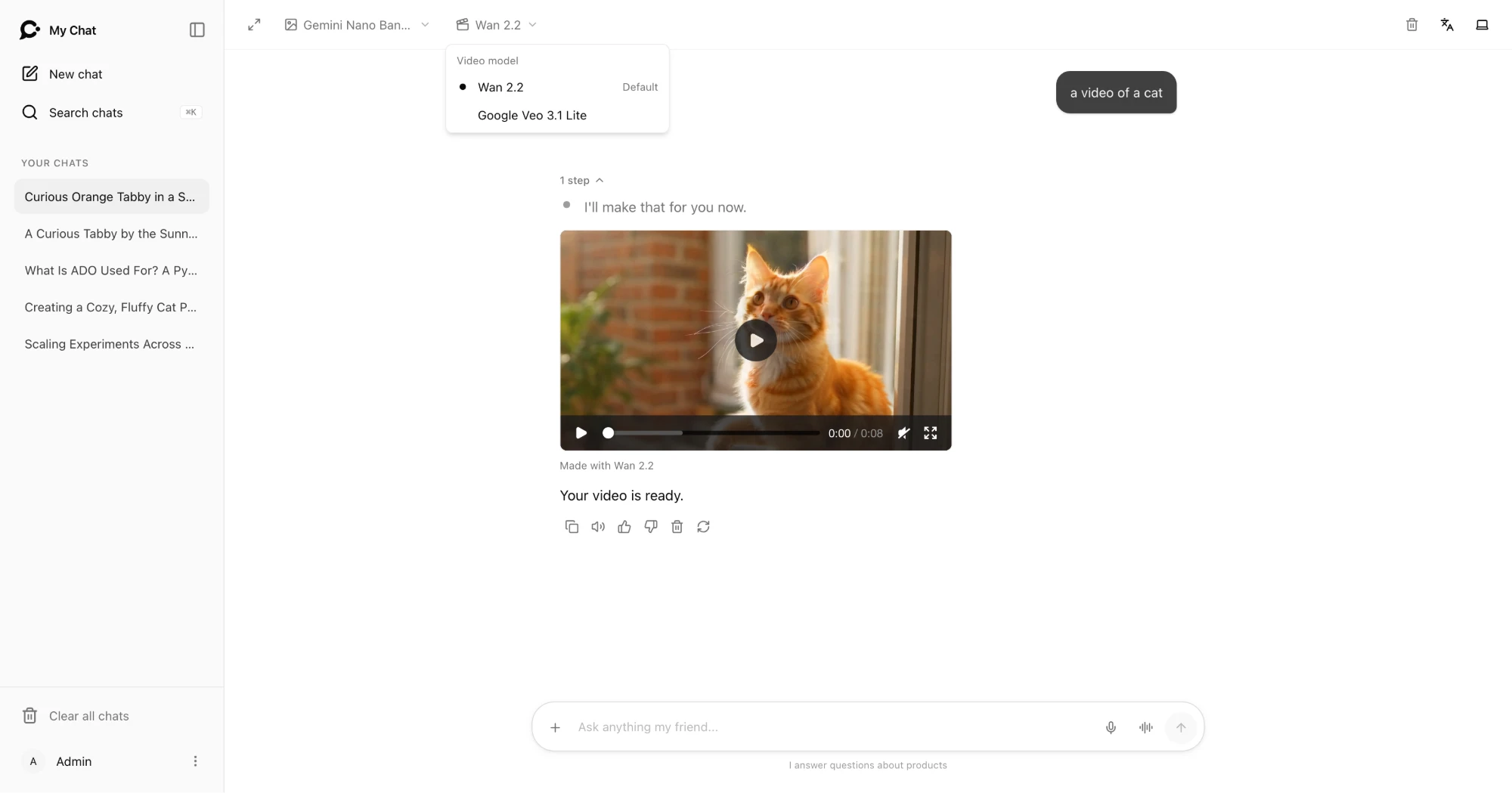 The Video model menu in the hosted chat, above a generated video