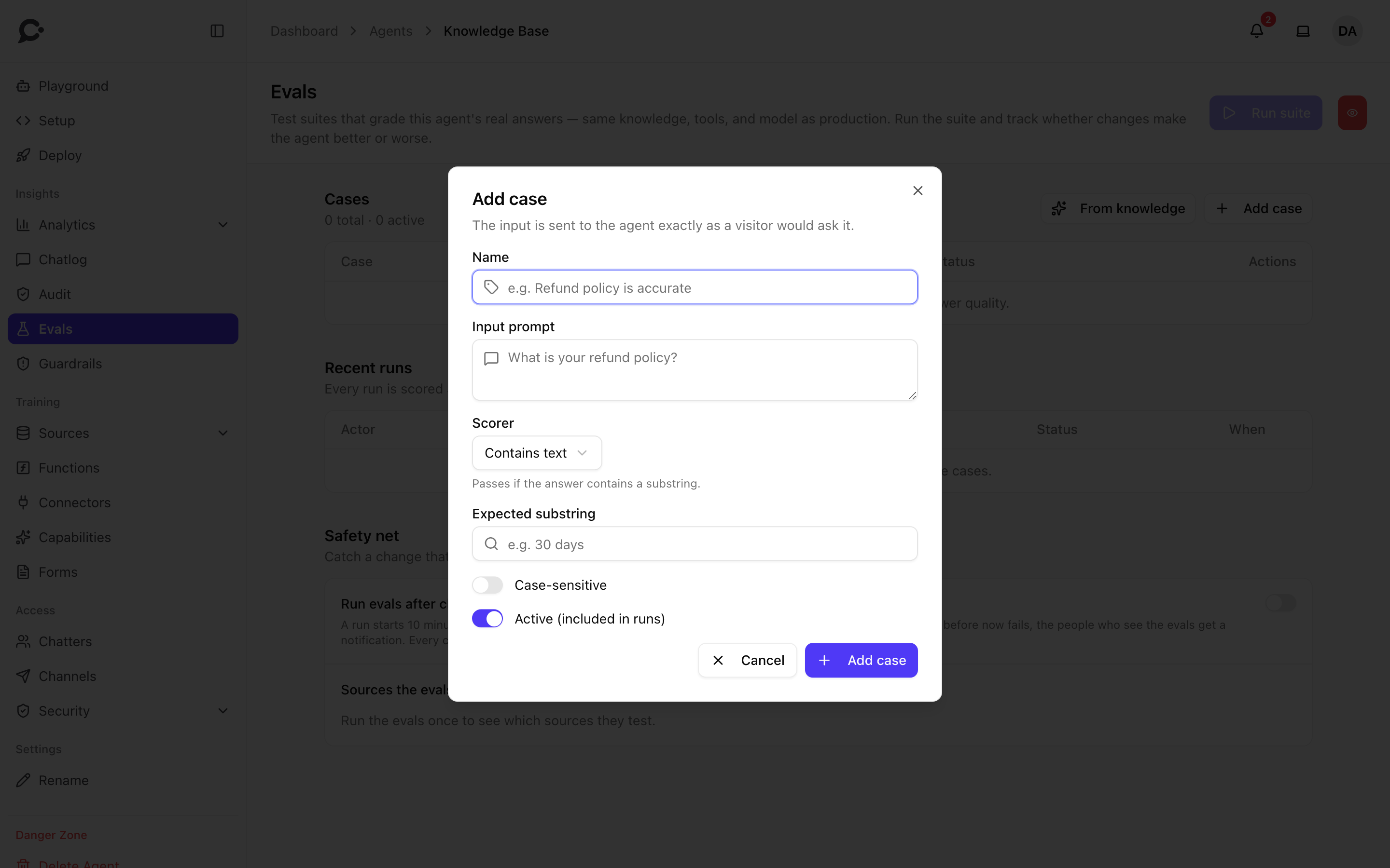 The Add case dialog