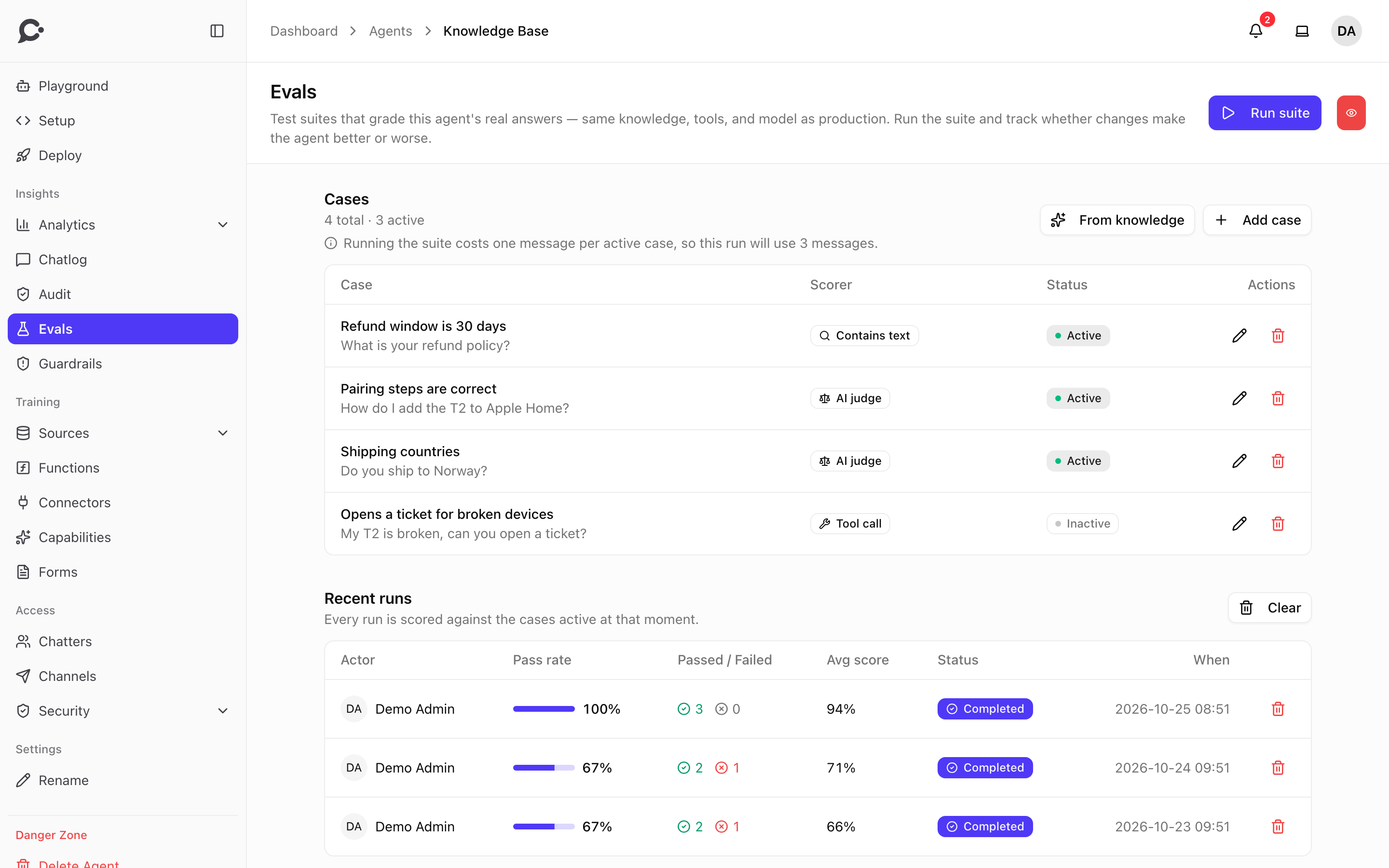 The Evals page with cases and recent runs