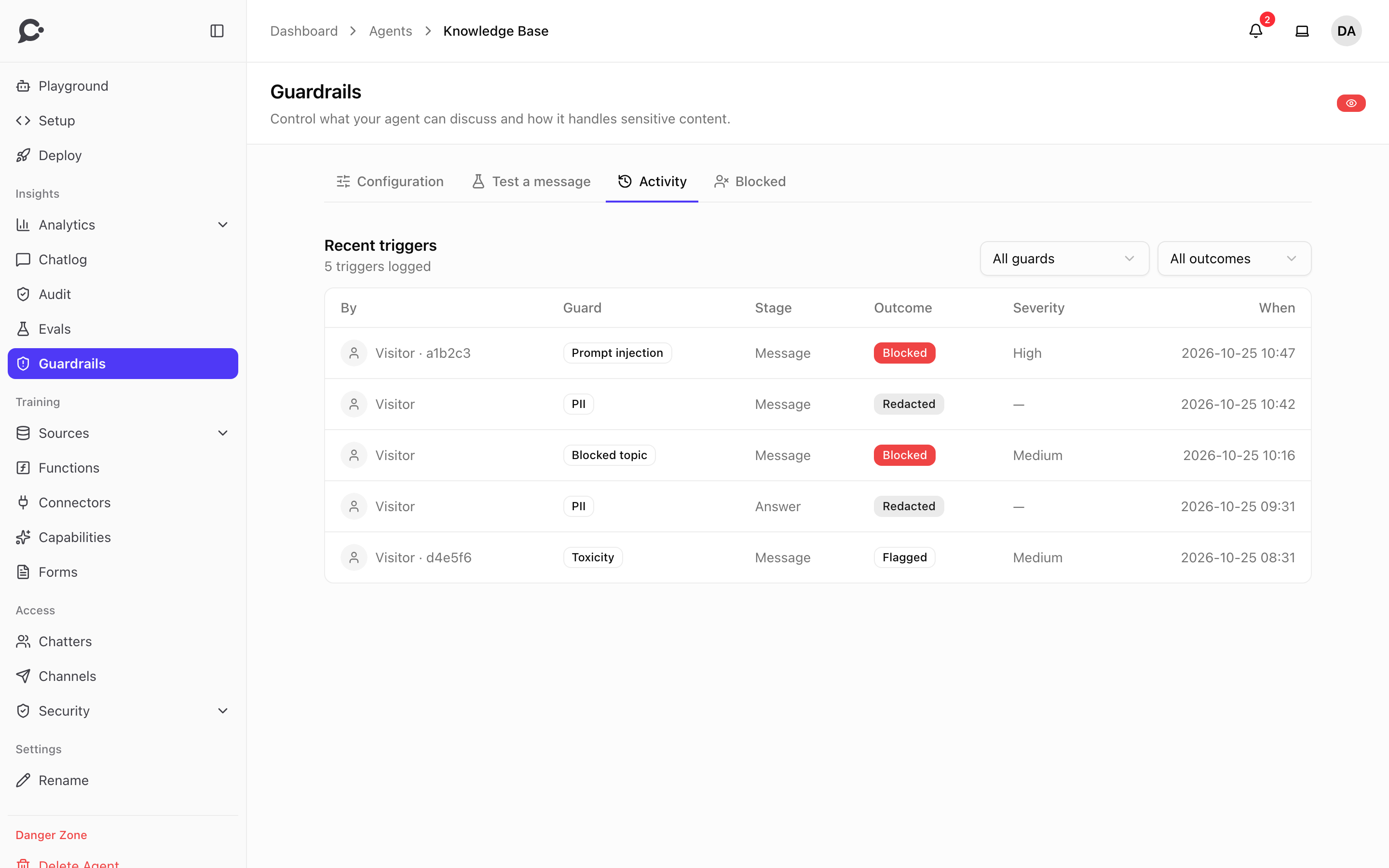 The Guardrails Activity tab