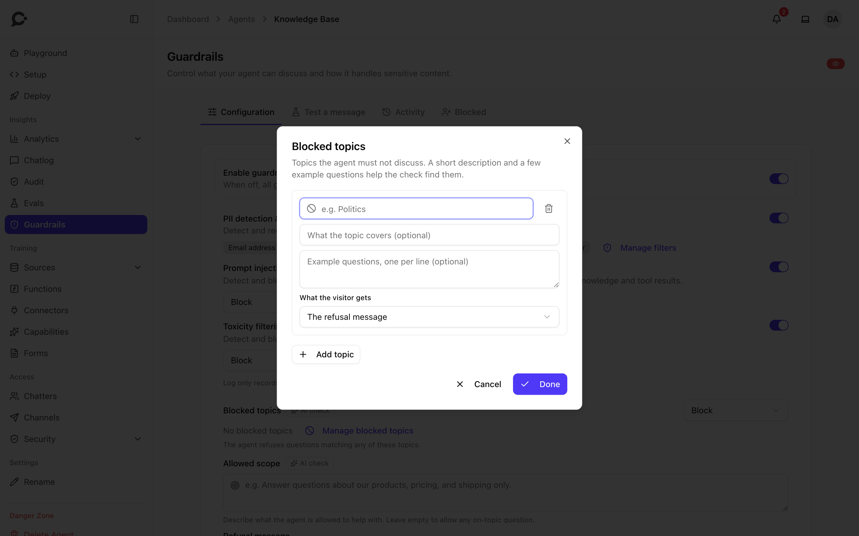 The blocked topics dialog