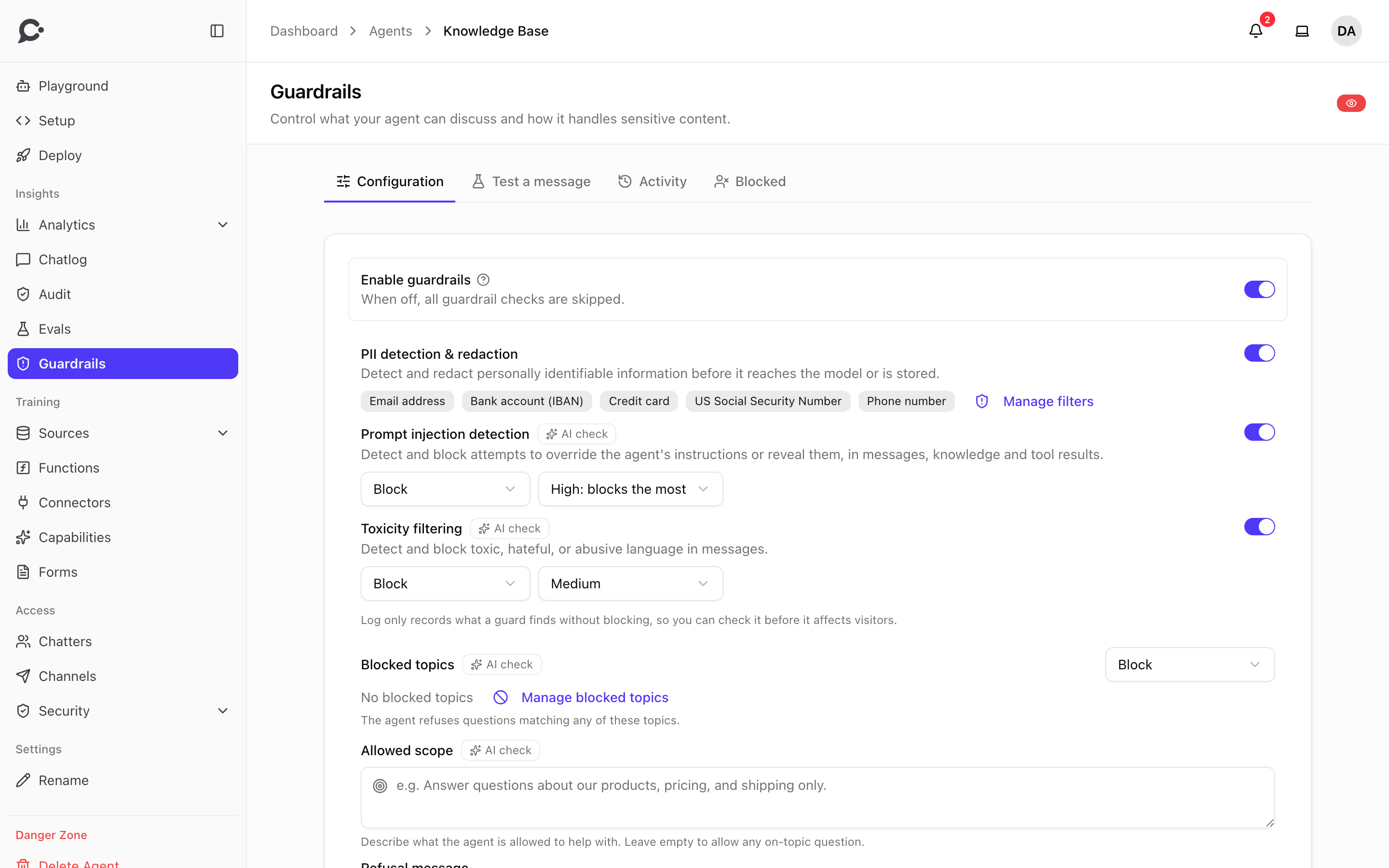 The Guardrails Configuration tab