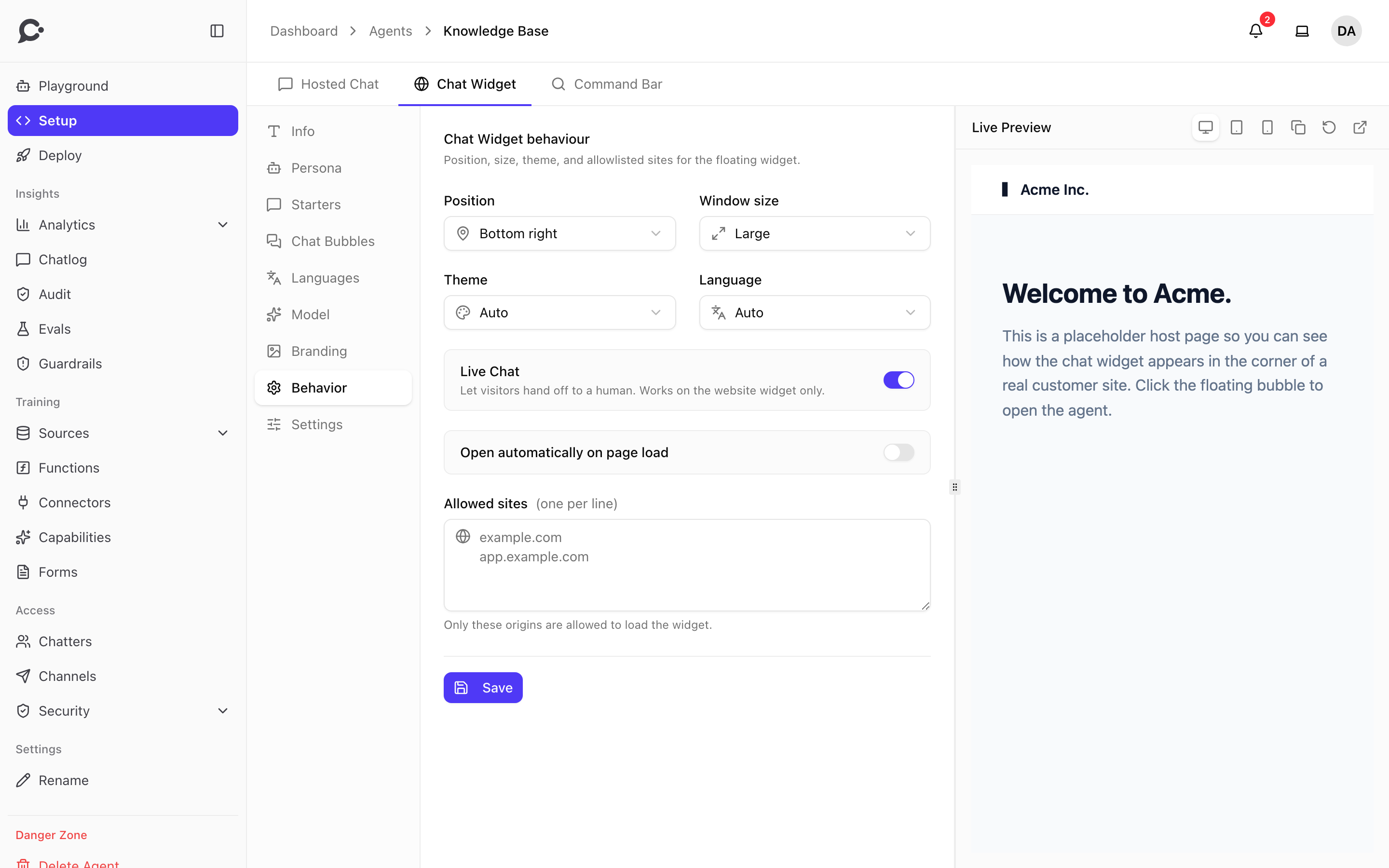 Behavior on the Chat Widget tab