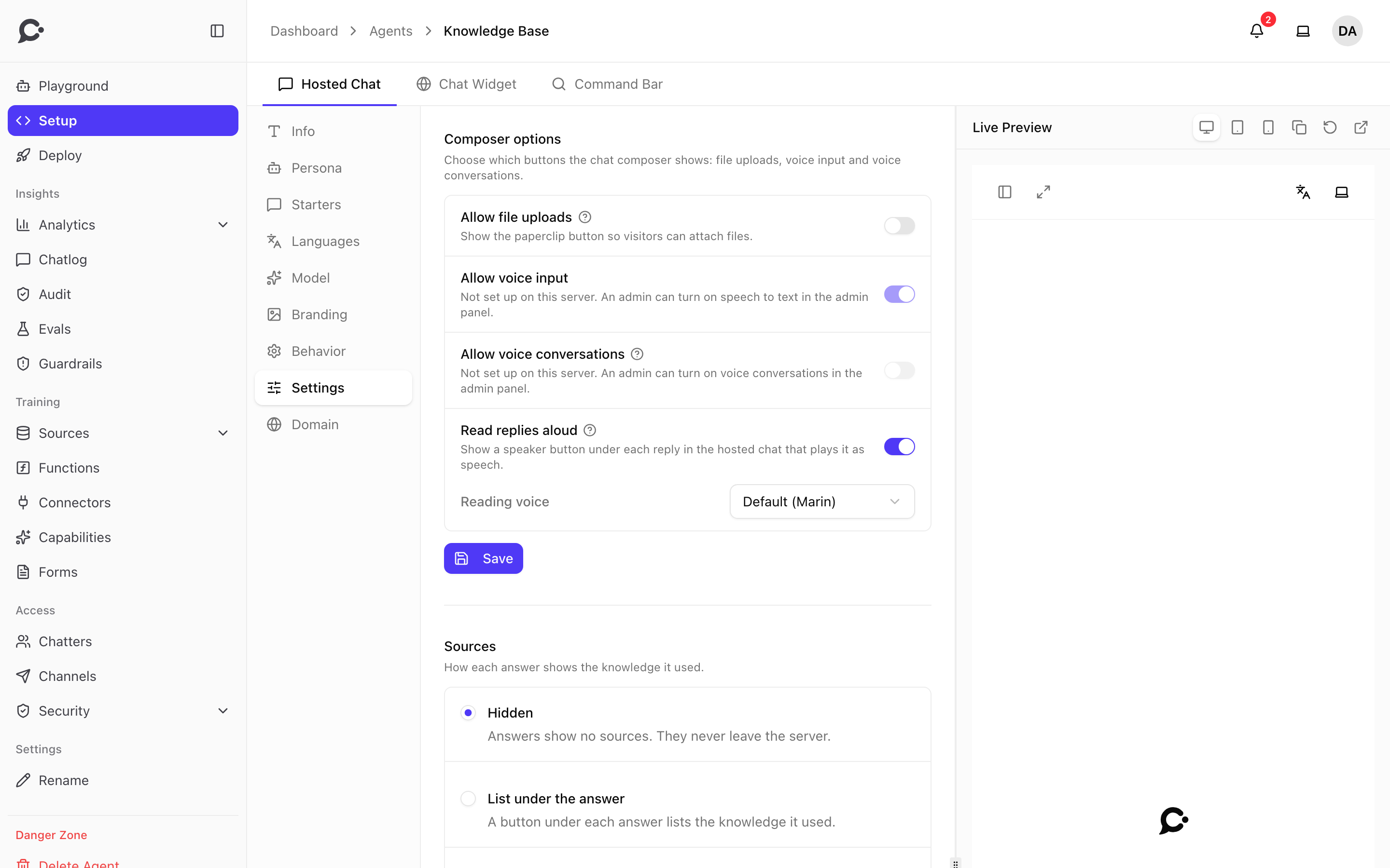 The Setup page with the Settings section open