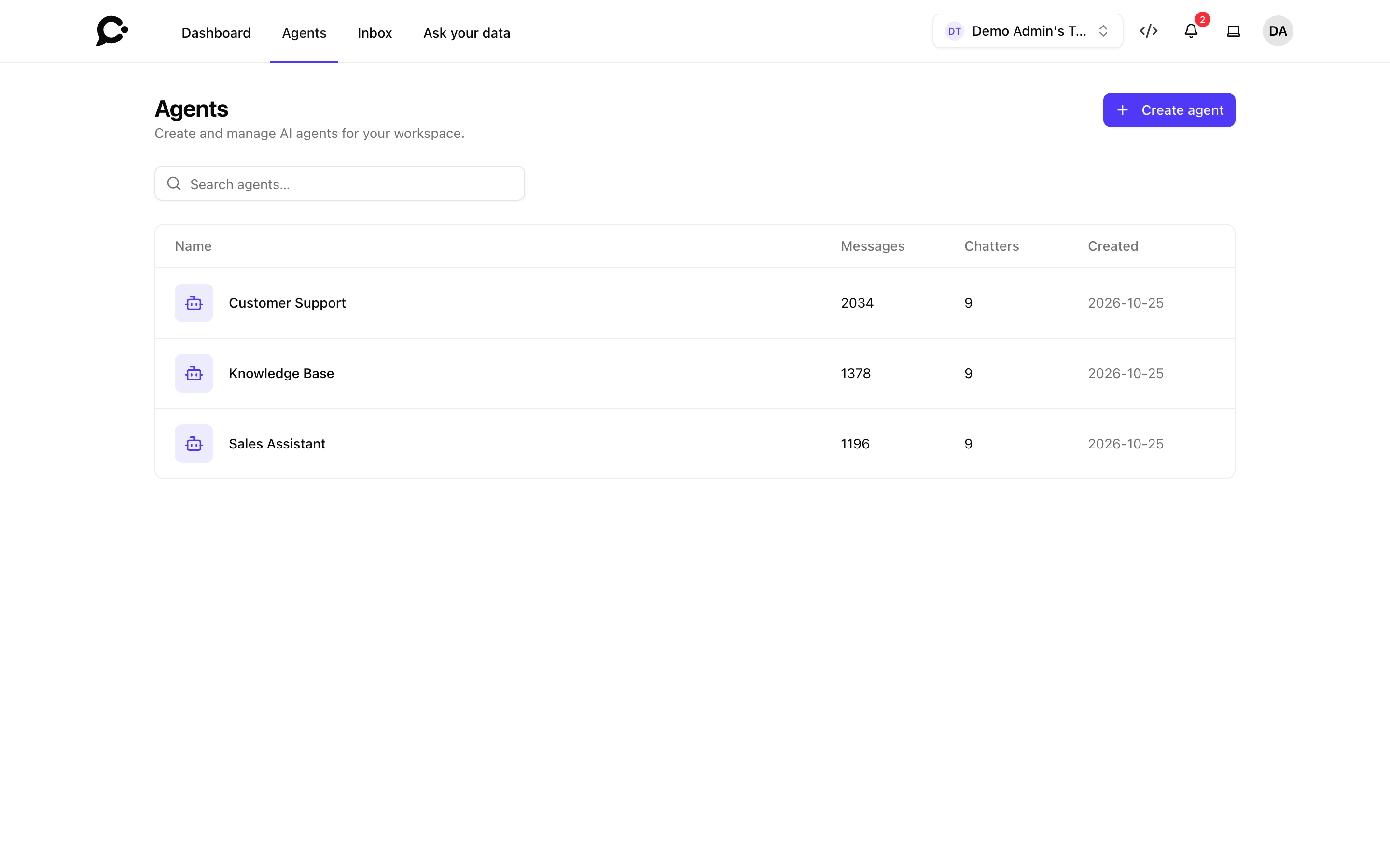 Agents index with the Create agent button