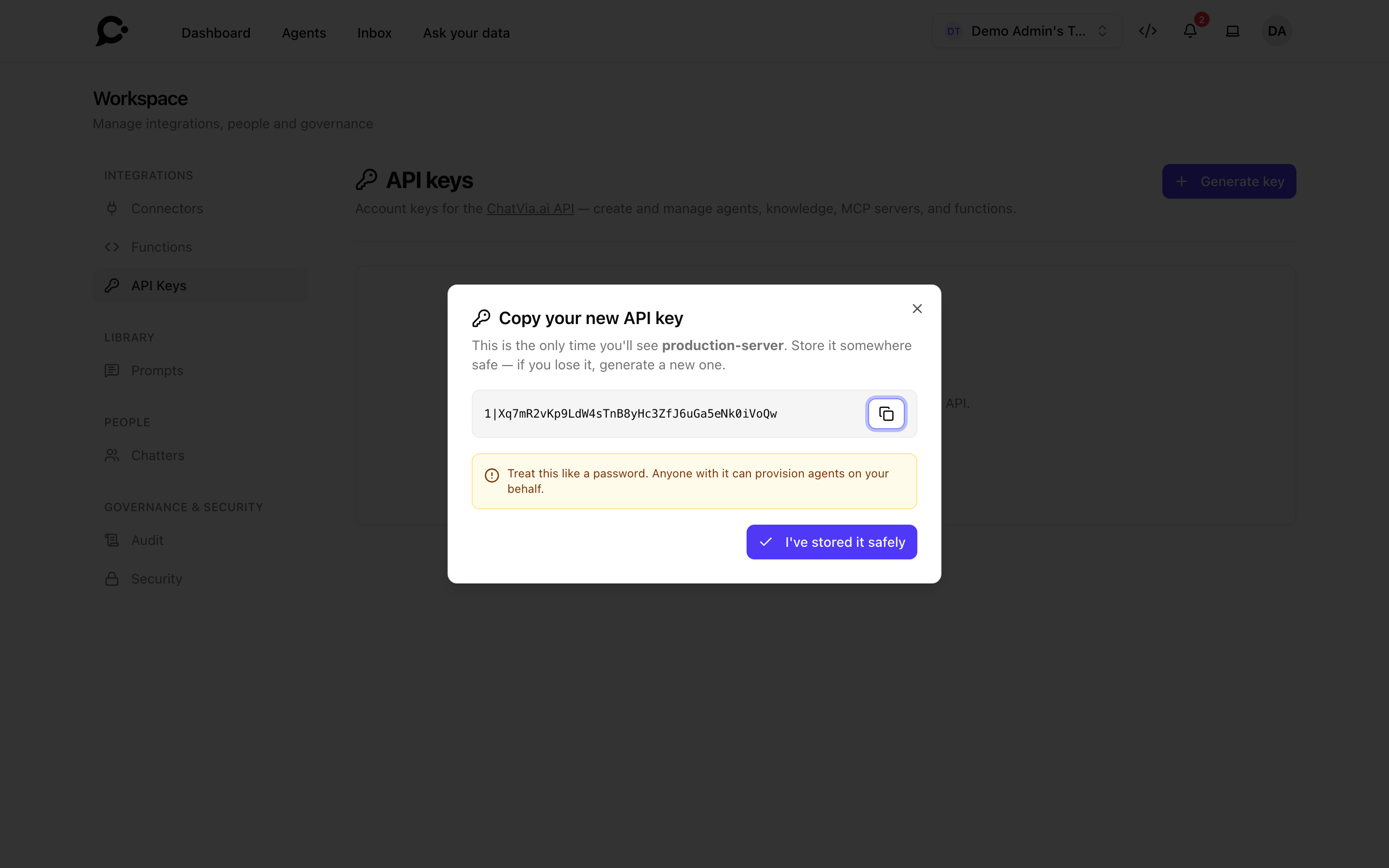 API key created dialog