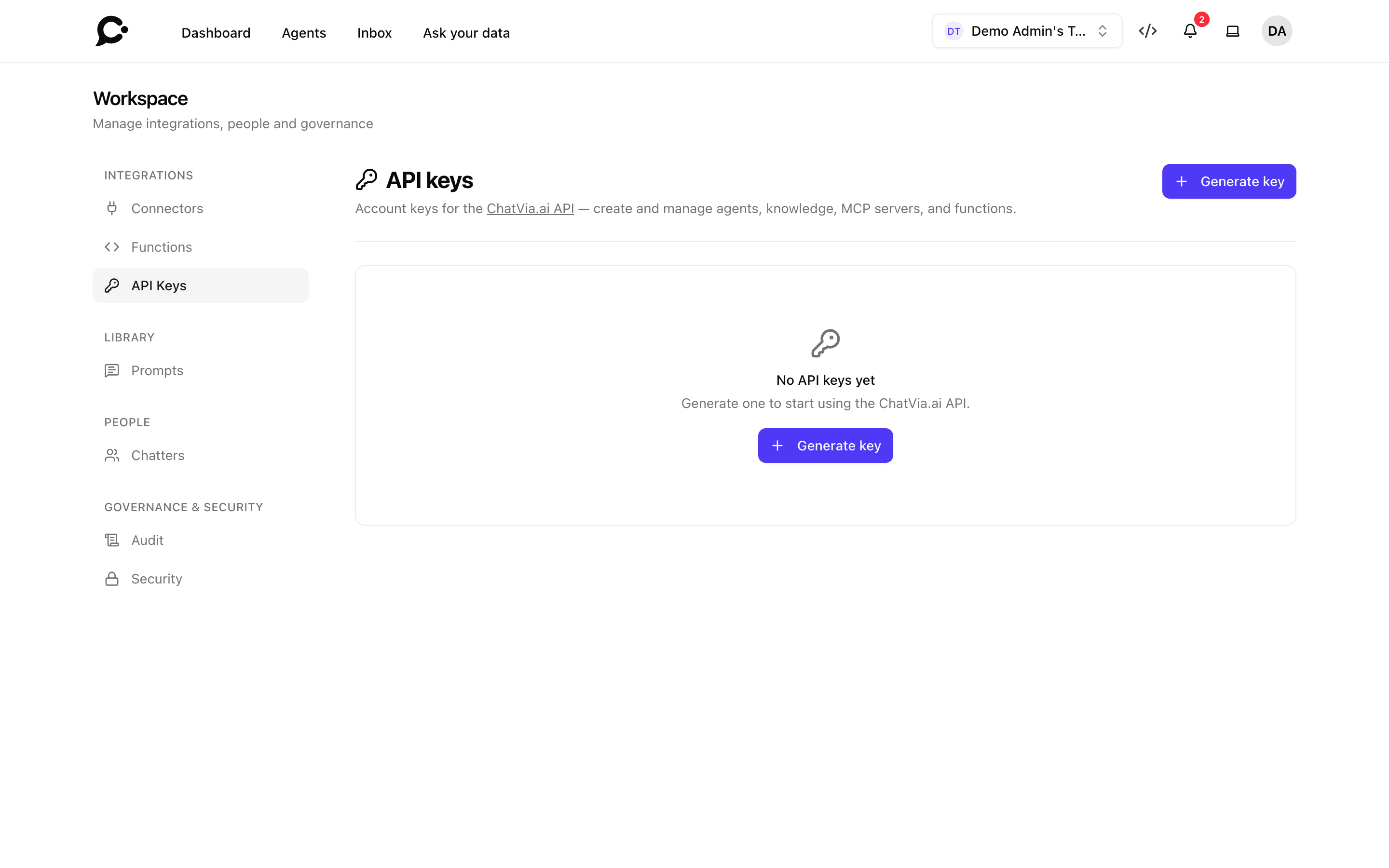 API keys page