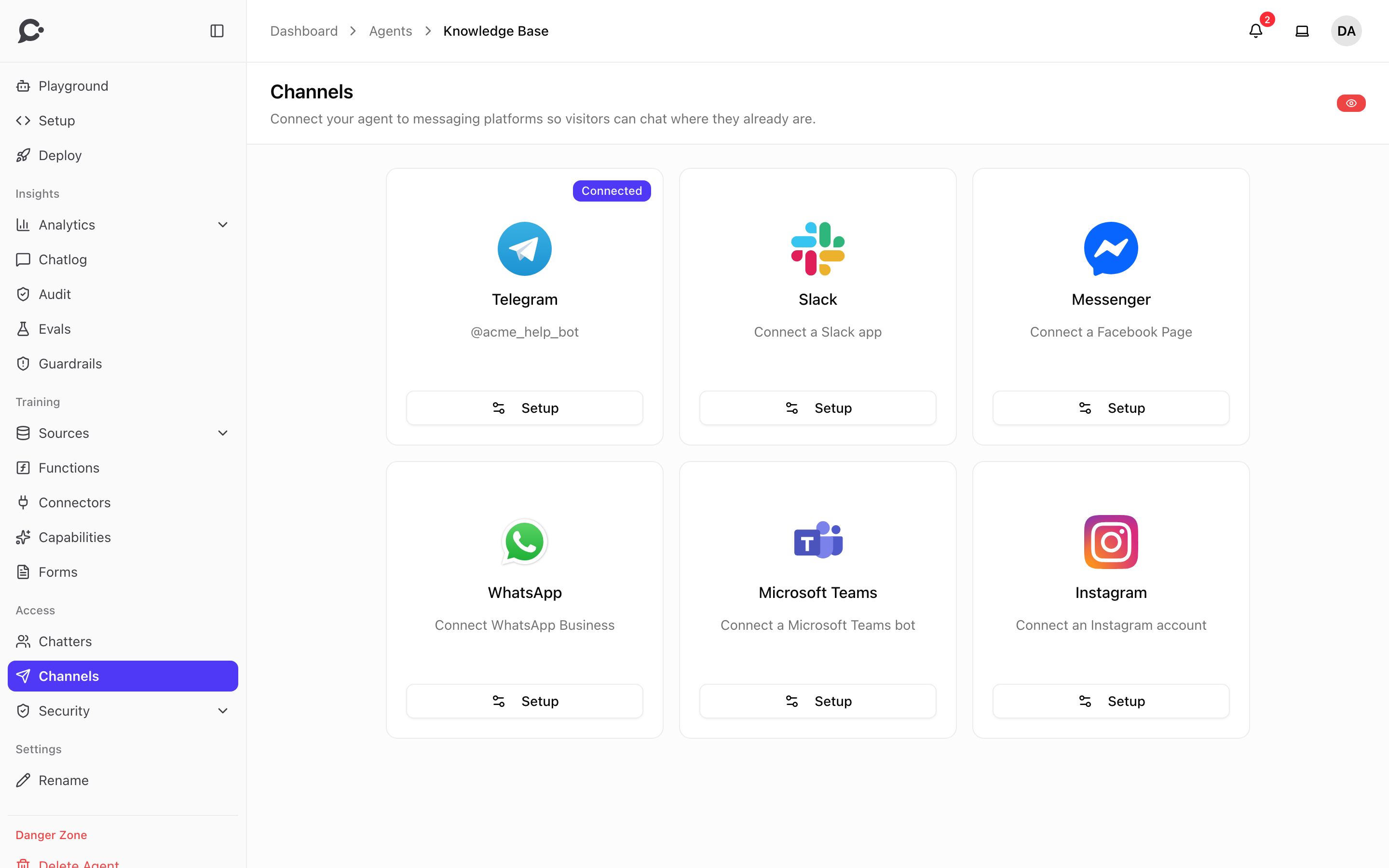 The Channels page with six messaging apps