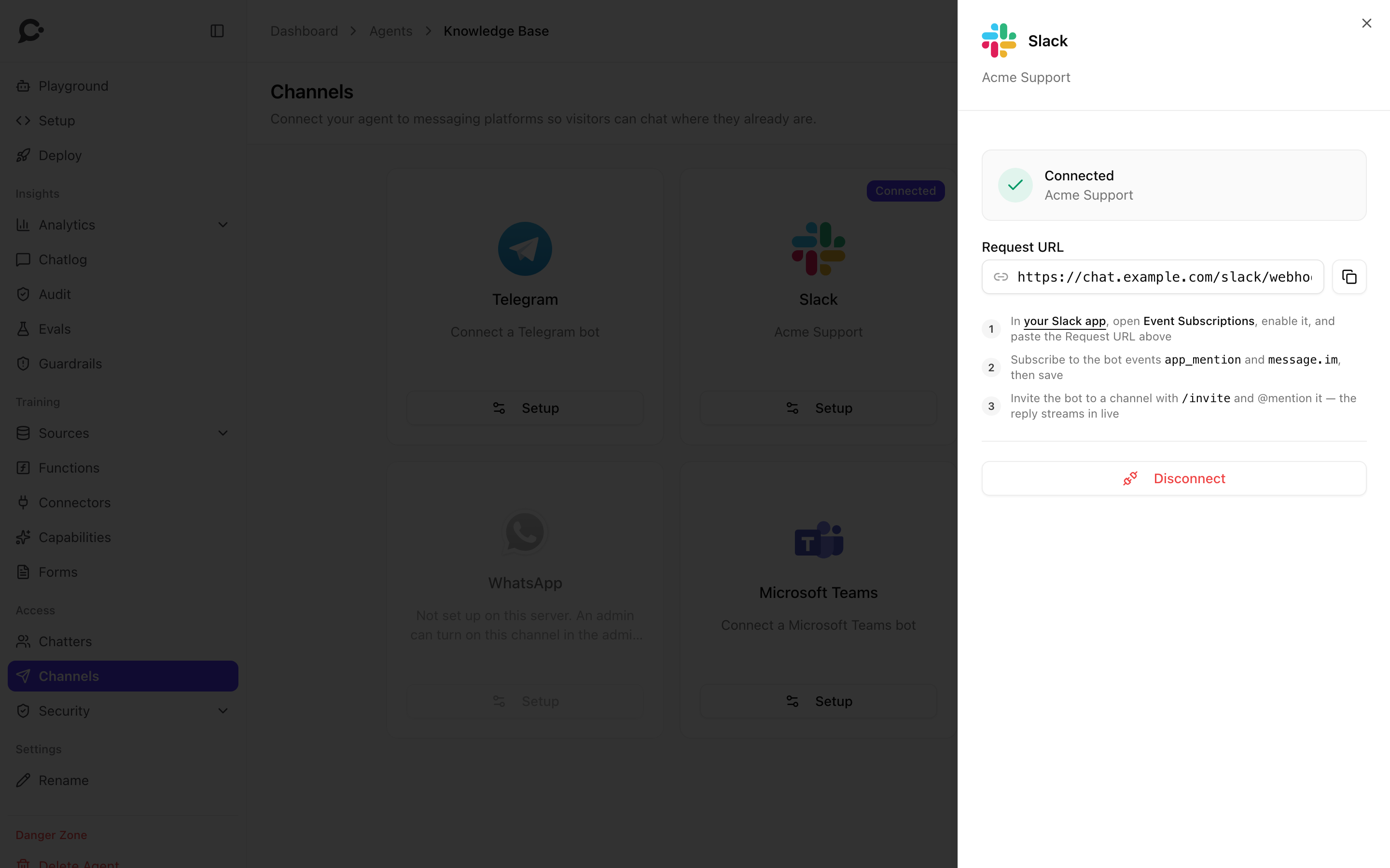 The Slack panel after connecting, with the Request URL