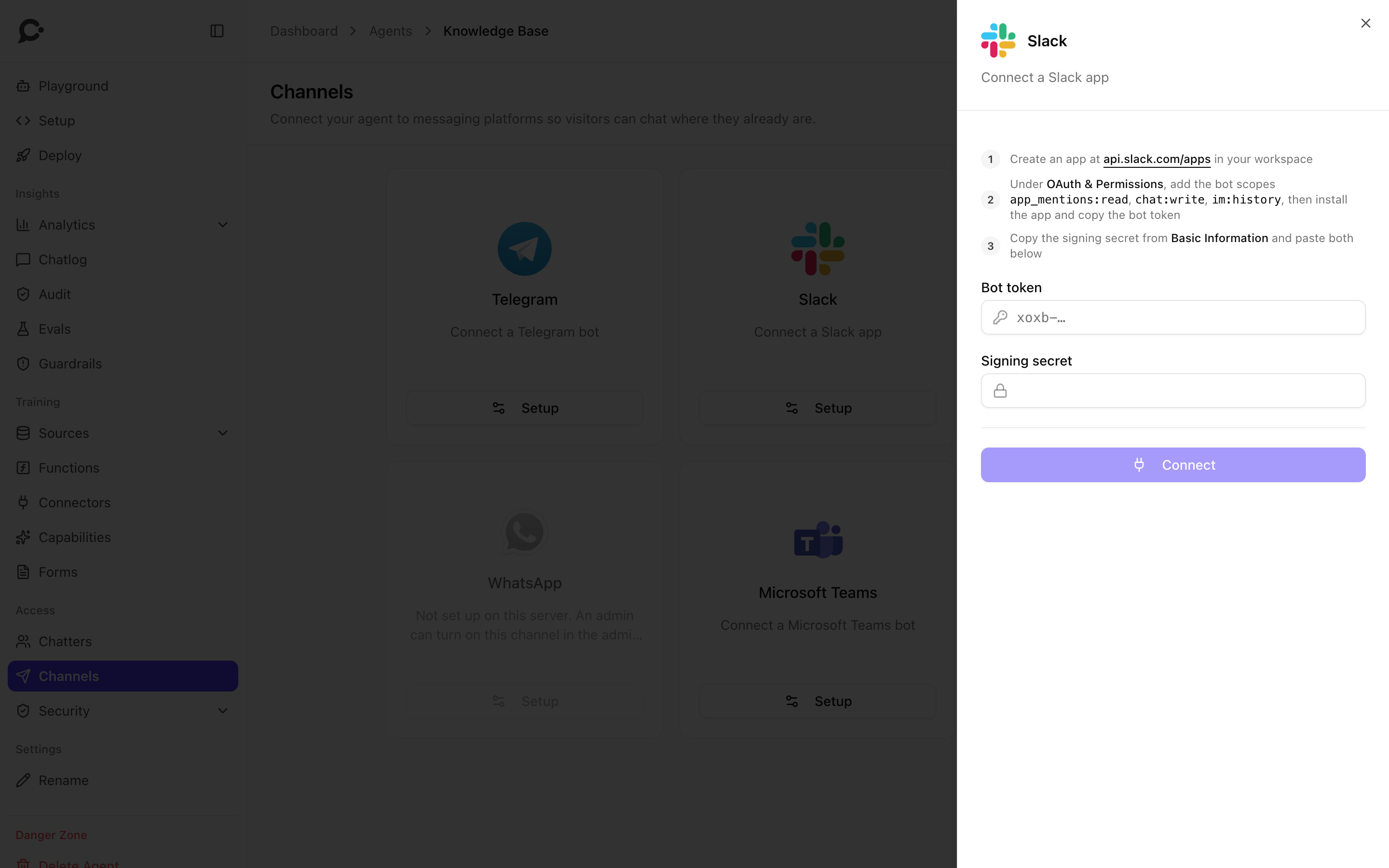 The Slack panel before connecting