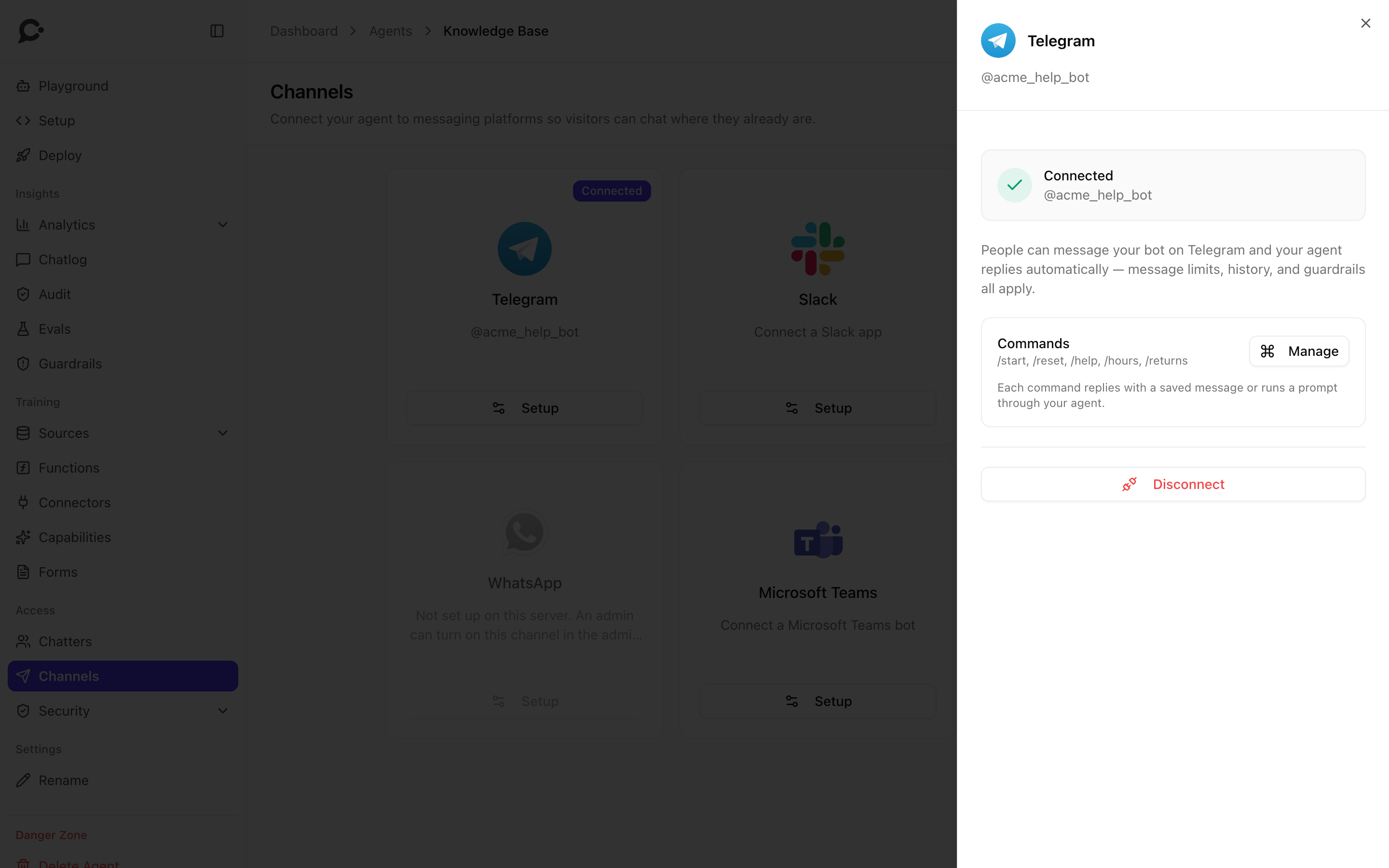 The Telegram panel after connecting