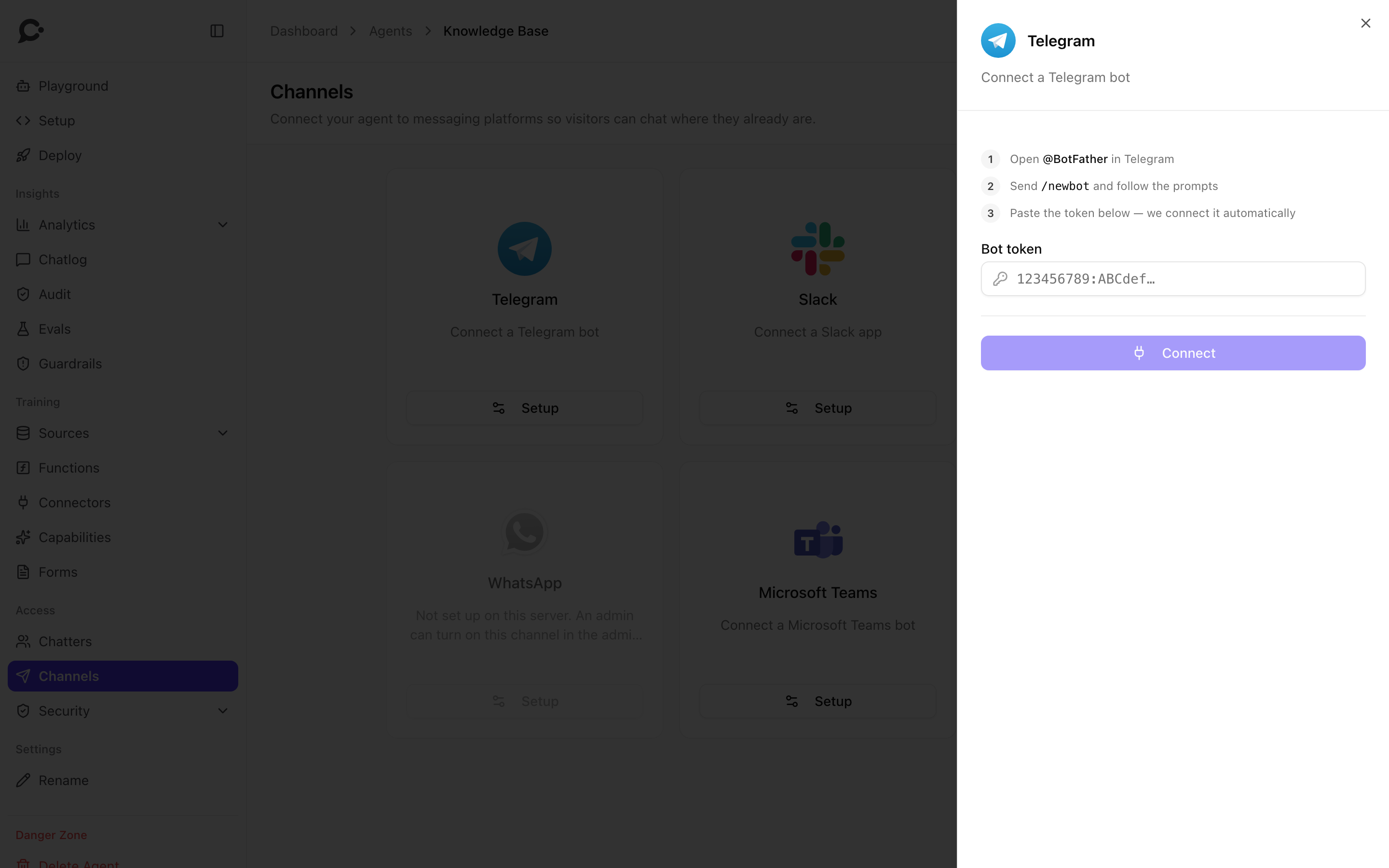 The Telegram panel before connecting