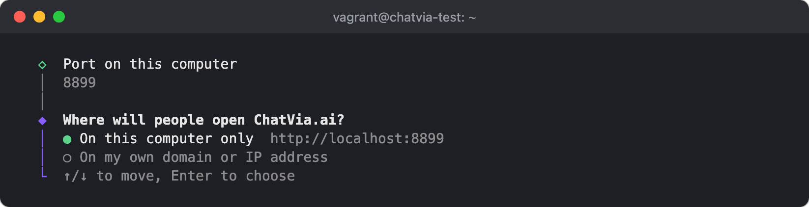 The installer asks where people will open ChatVia.ai