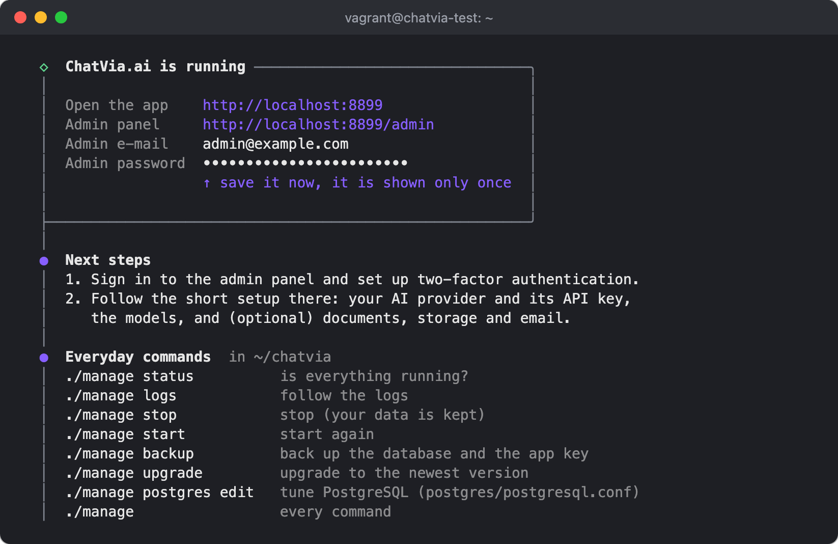 ChatVia.ai is running, with the admin panel address and password