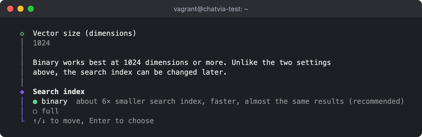 The installer asks for the search index