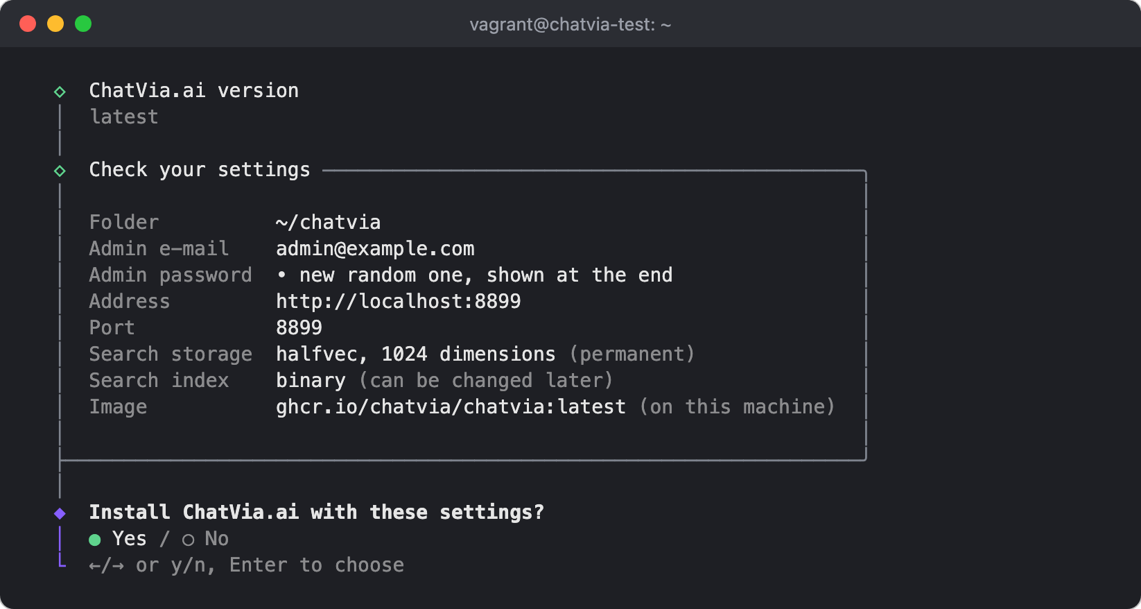 The installer shows every setting and asks to install