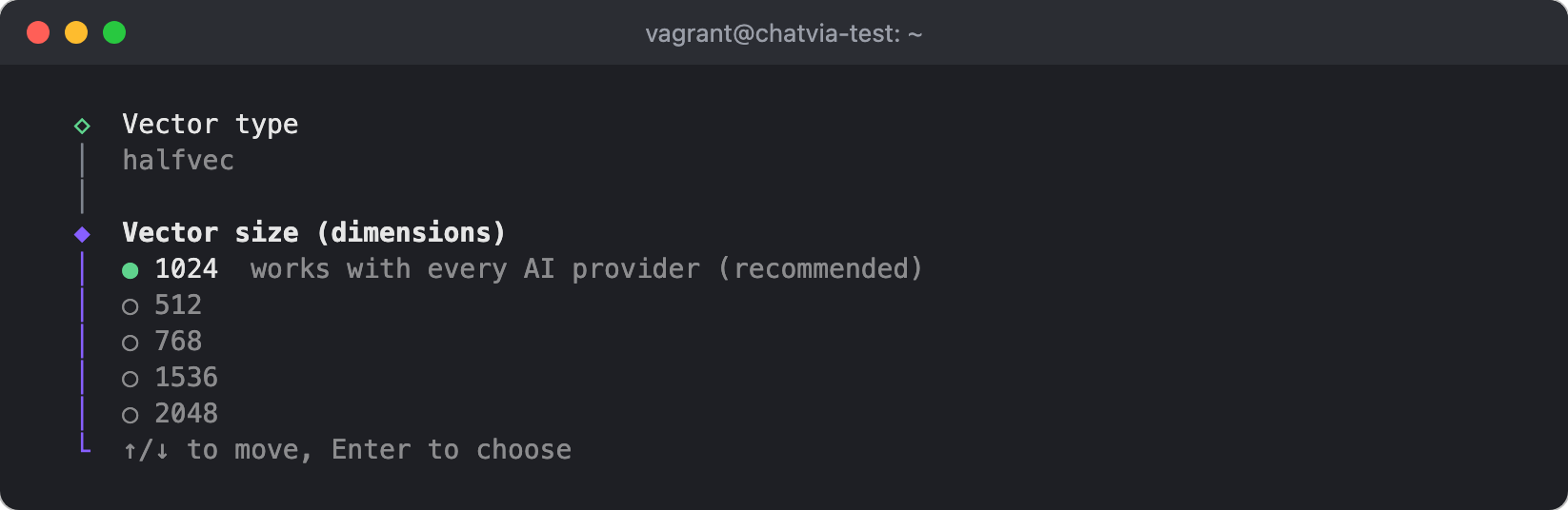 The installer asks for the vector size