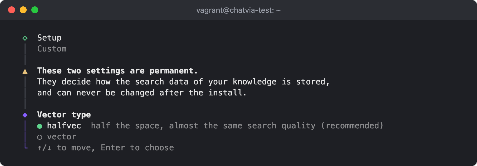 The installer asks for the vector type