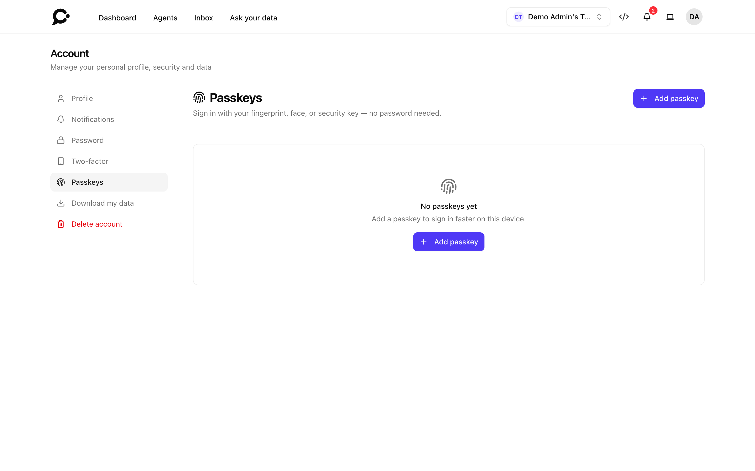Passkeys settings